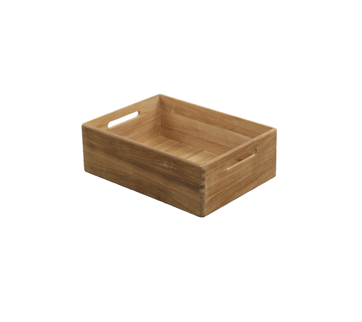 Teakbrett med innebygde håndtak, med et enkelt og funksjonelt design.