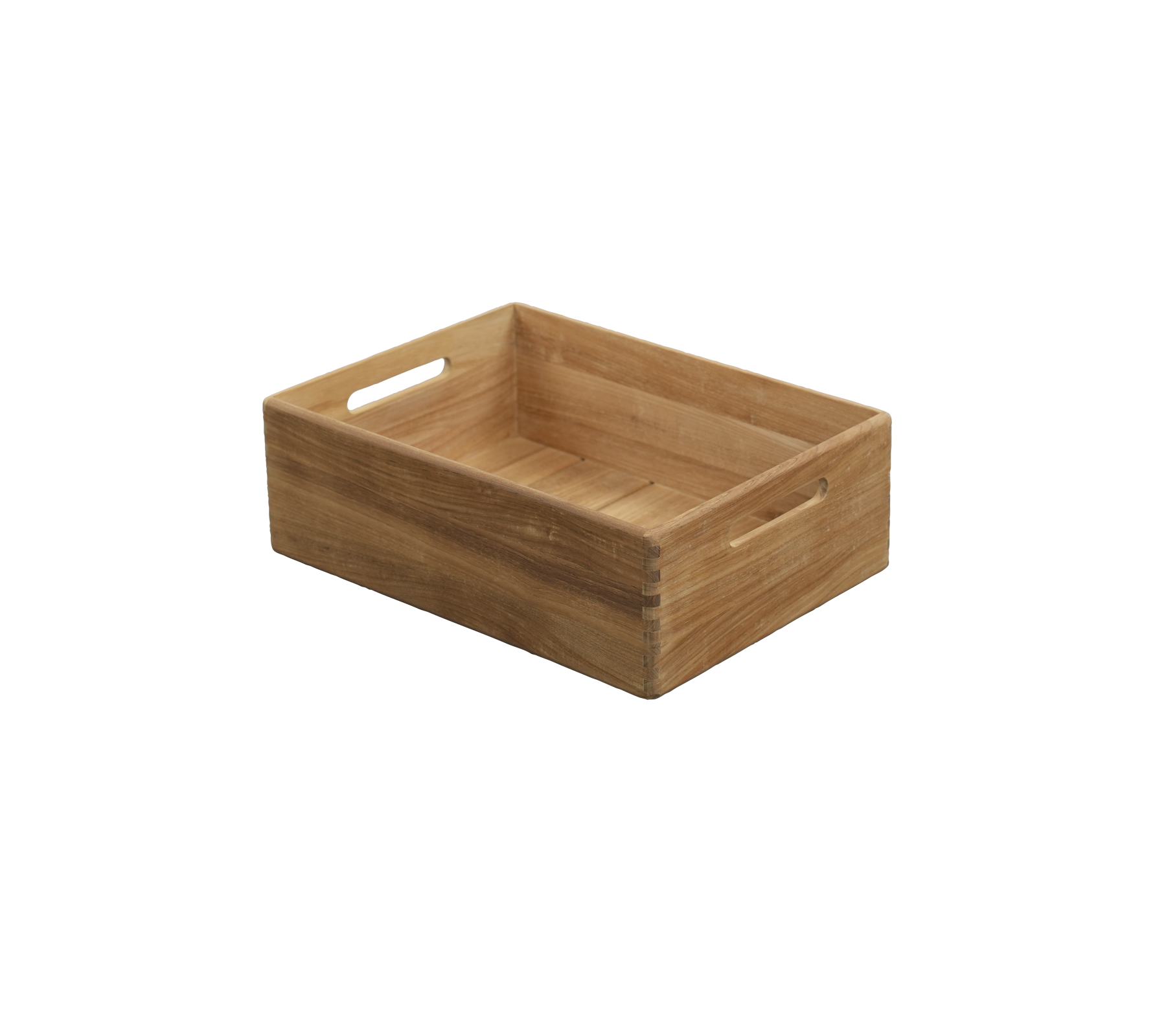 Teakbrett med innebygde håndtak, med et enkelt og funksjonelt design.