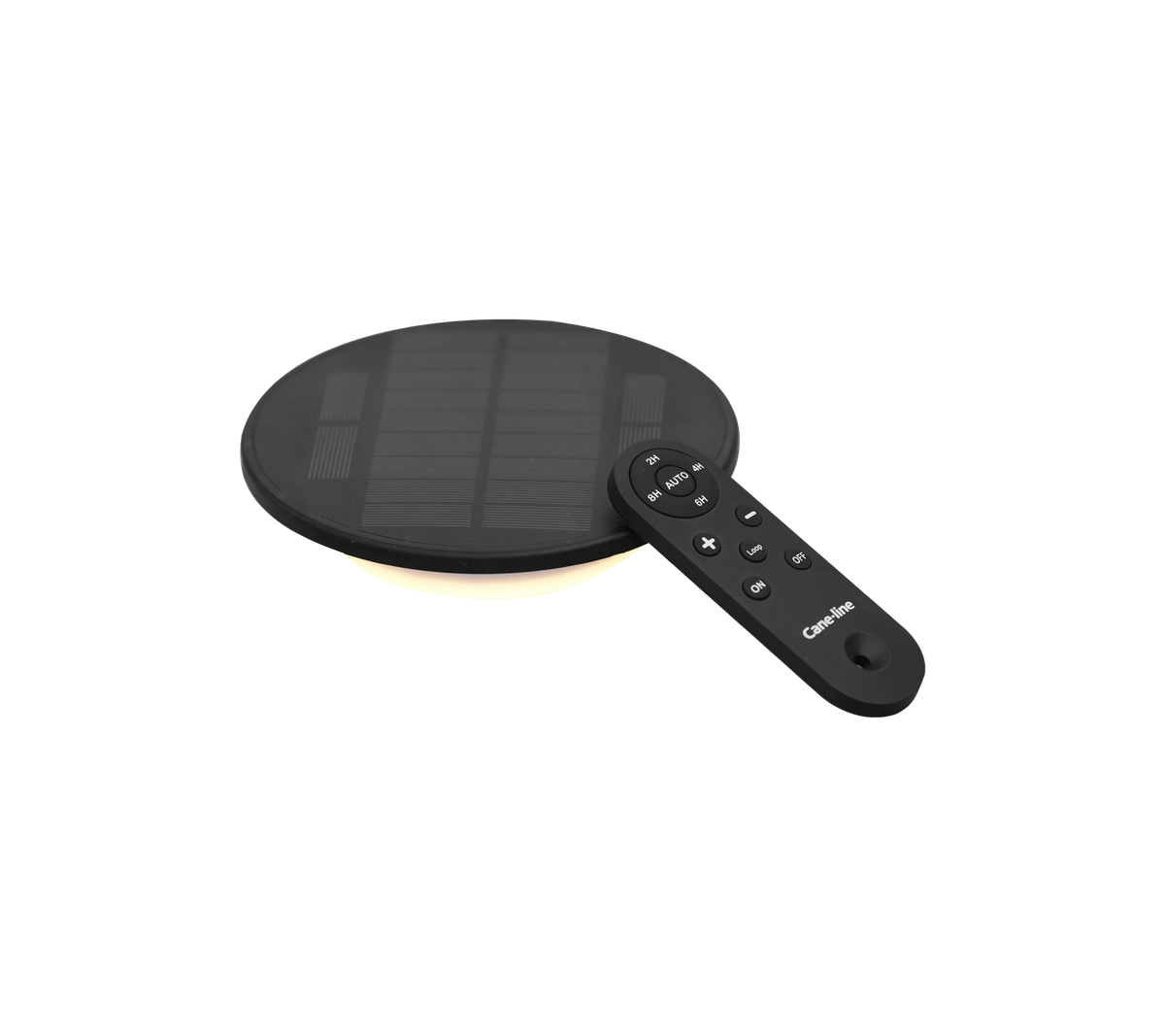 Svart solcelle LED-lampe med rund form og en fjernkontroll for justerbare innstillinger.