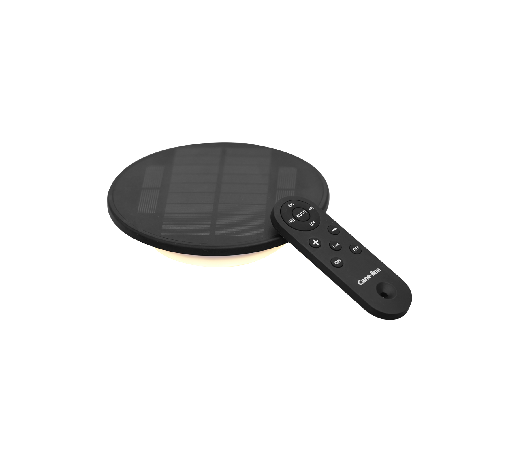 Svart solcelle LED-lampe med rund form og en fjernkontroll for justerbare innstillinger.