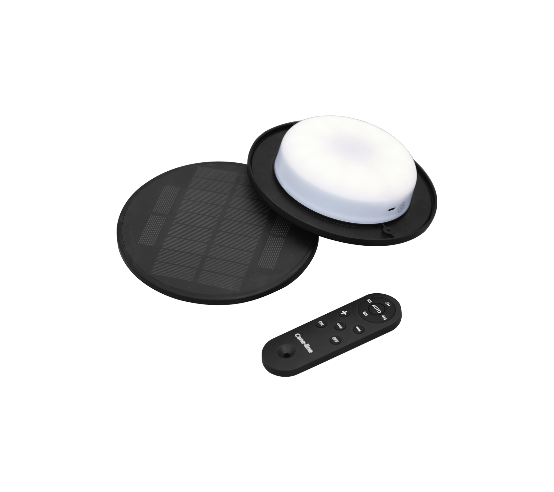Solcelledrevet LED-lampe med en rund hvit lampe, et svart solcellepanel og en fjernkontroll for drift.