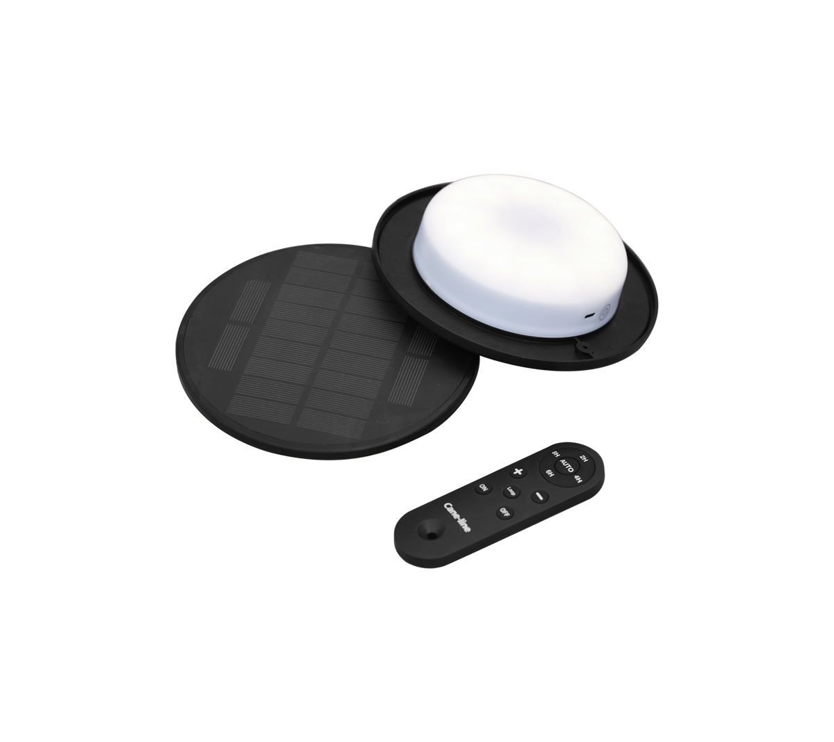 Solcelledrevet LED-lampe med en rund hvit lampe, et svart solcellepanel og en fjernkontroll for drift.