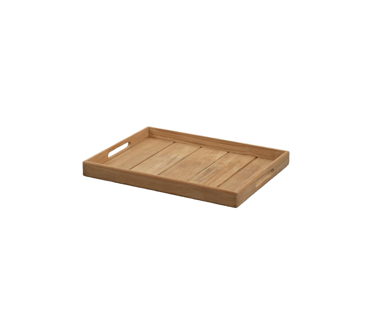 Teakfat med utskårne håndtak og et enkelt design.
