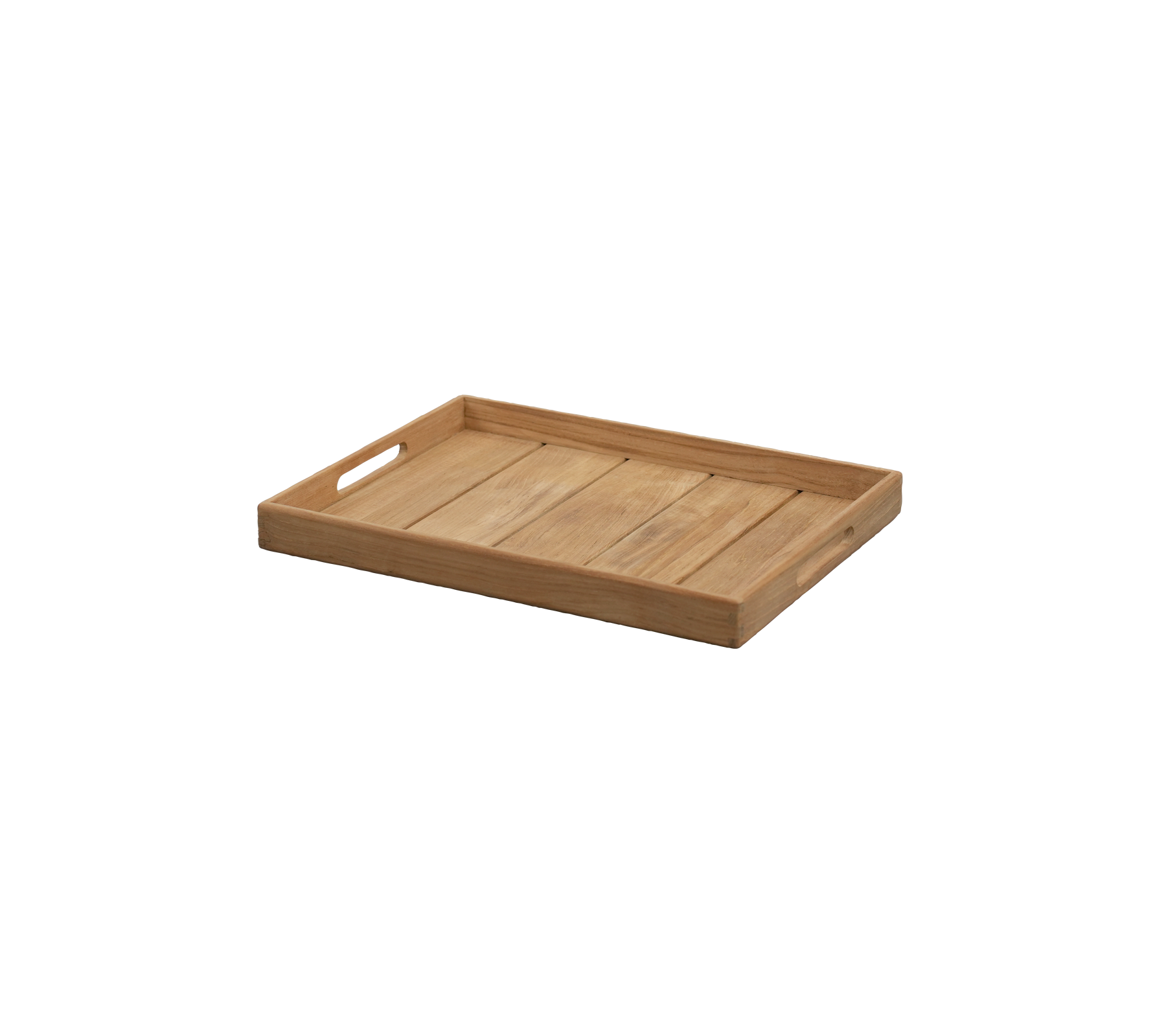 Teakfat med utskårne håndtak og et enkelt design.