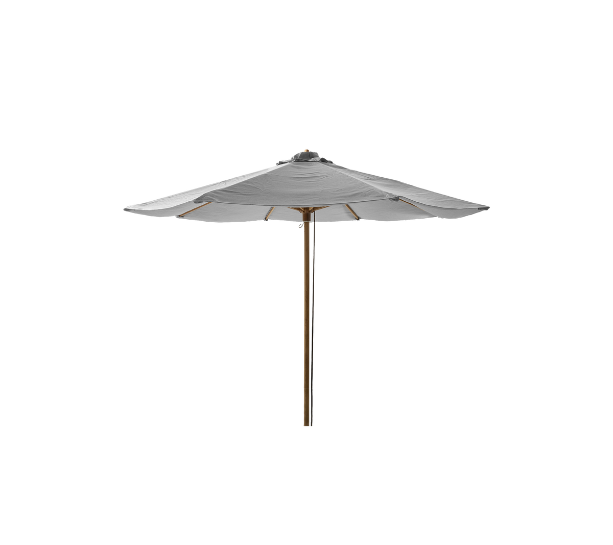 Stilig paraply med en solid stang og et bredt tak, designet for å gi skygge og forbedre utendørsområder.