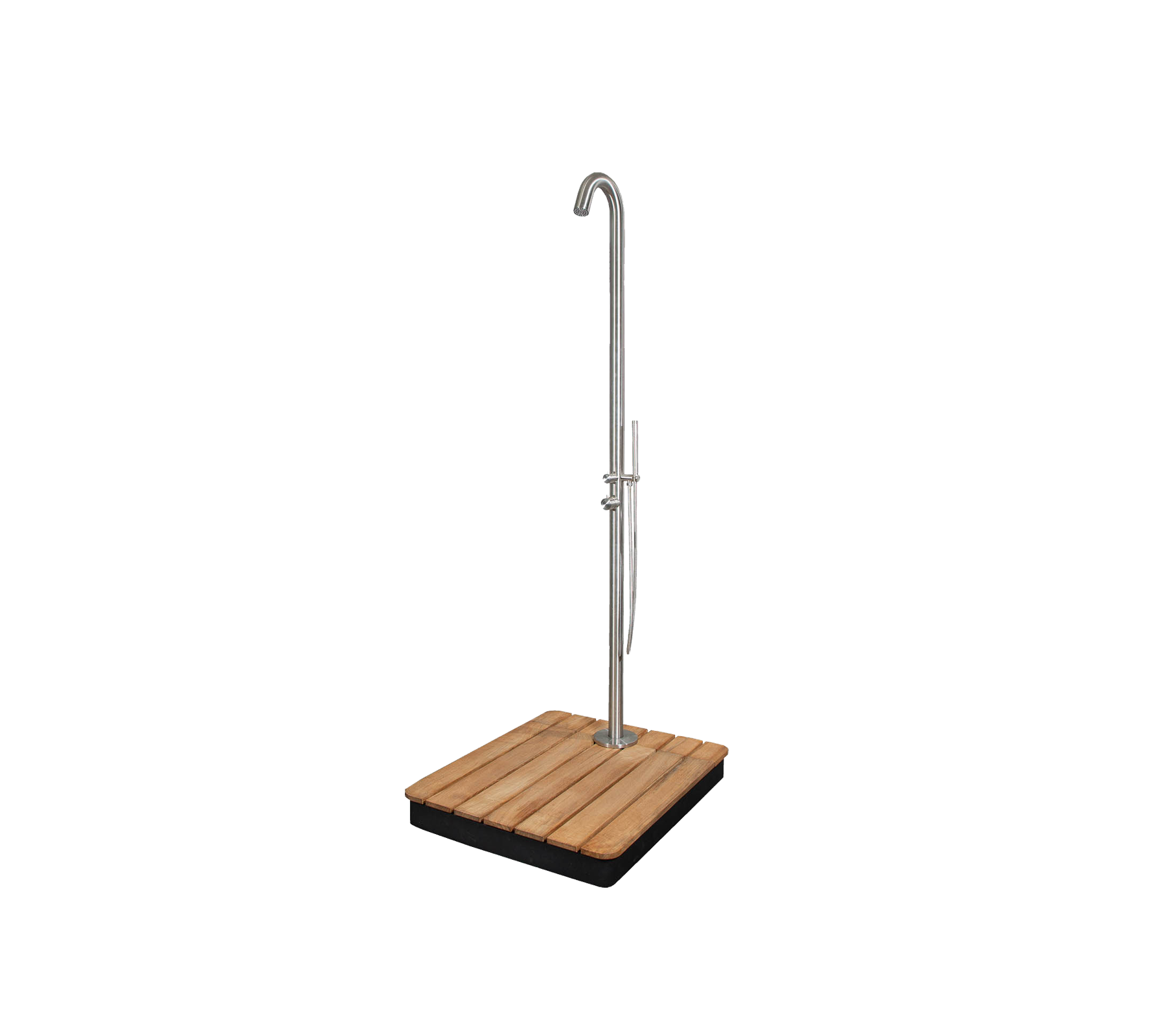 Stilig utendørs dusj med et slankt design, med en robust base og et høyt, buet dusjhode for et elegant utseende.