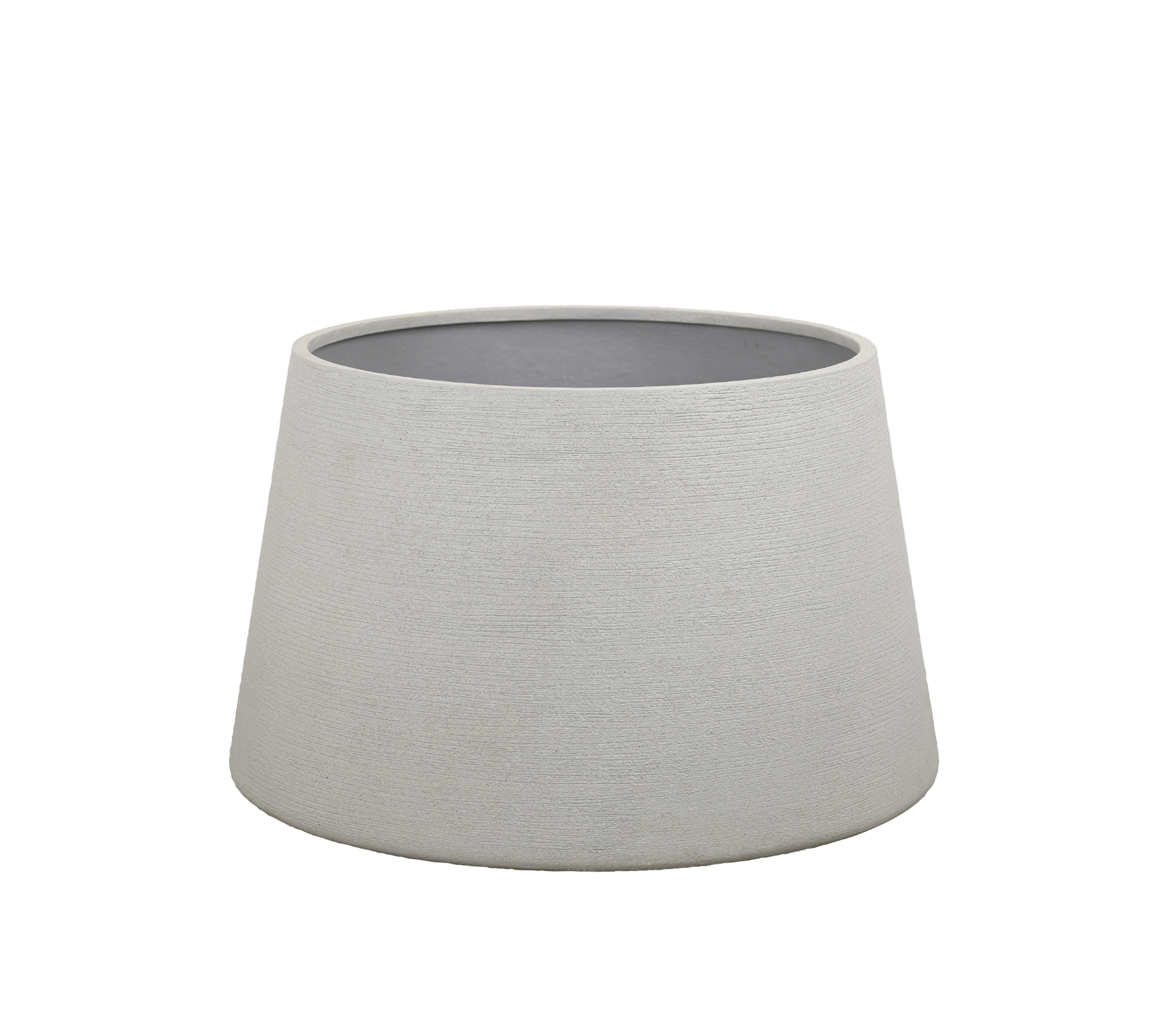 Grå plantekrukke med moderne design, med en avsmalnende fasong.