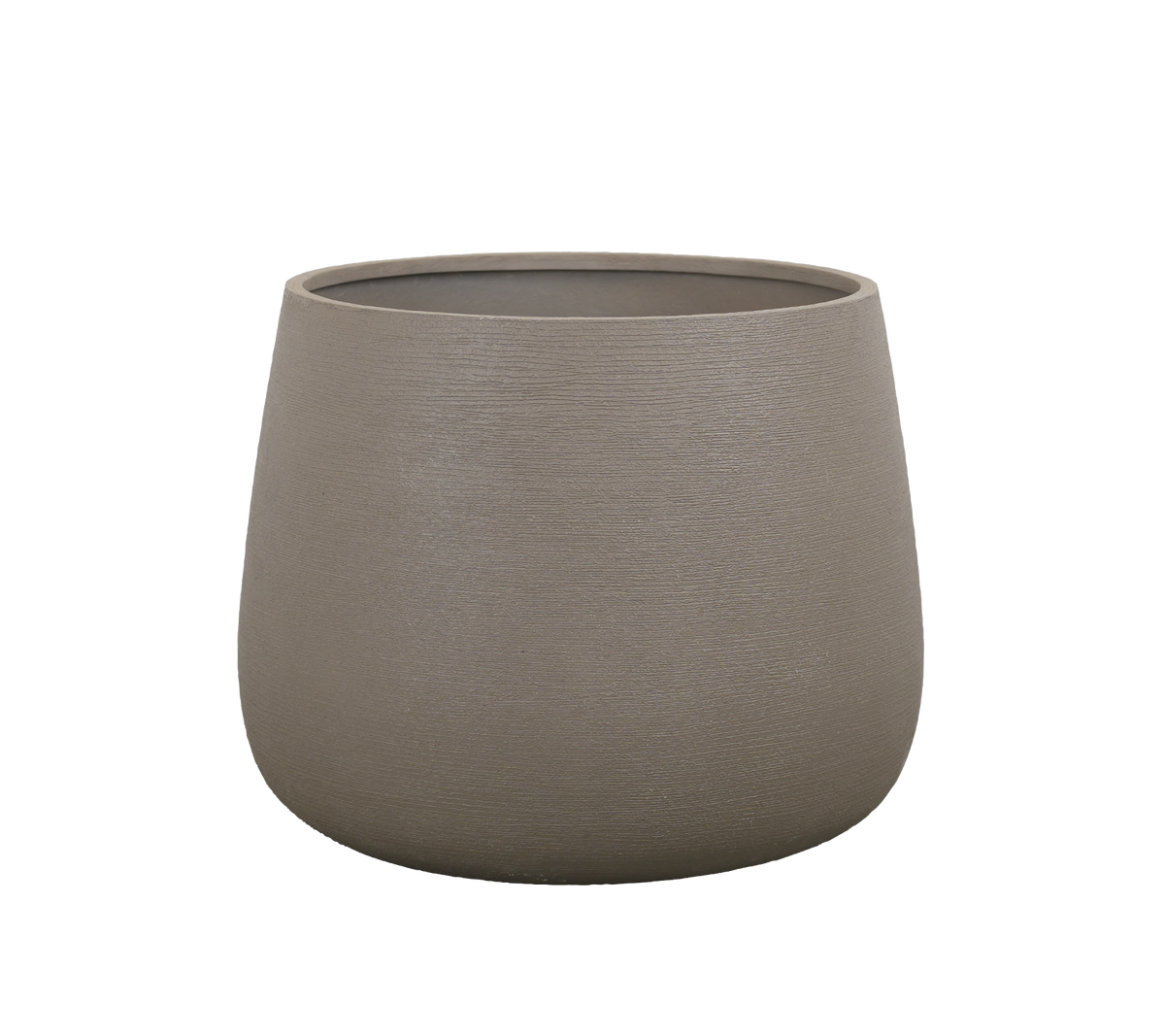 Rund taupe-blomsterpotte med en glatt overflate.