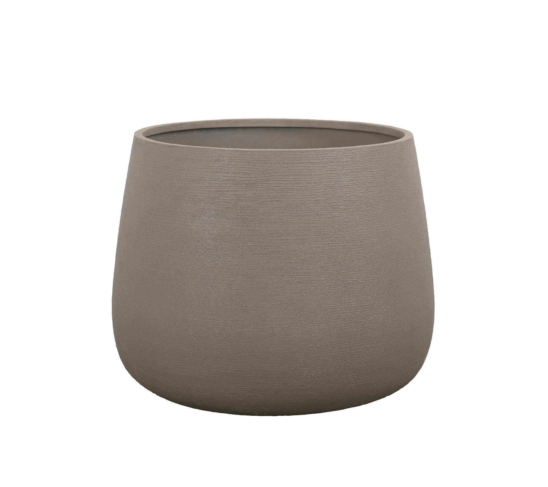 Rund taupe-blomsterpotte med en glatt overflate.
