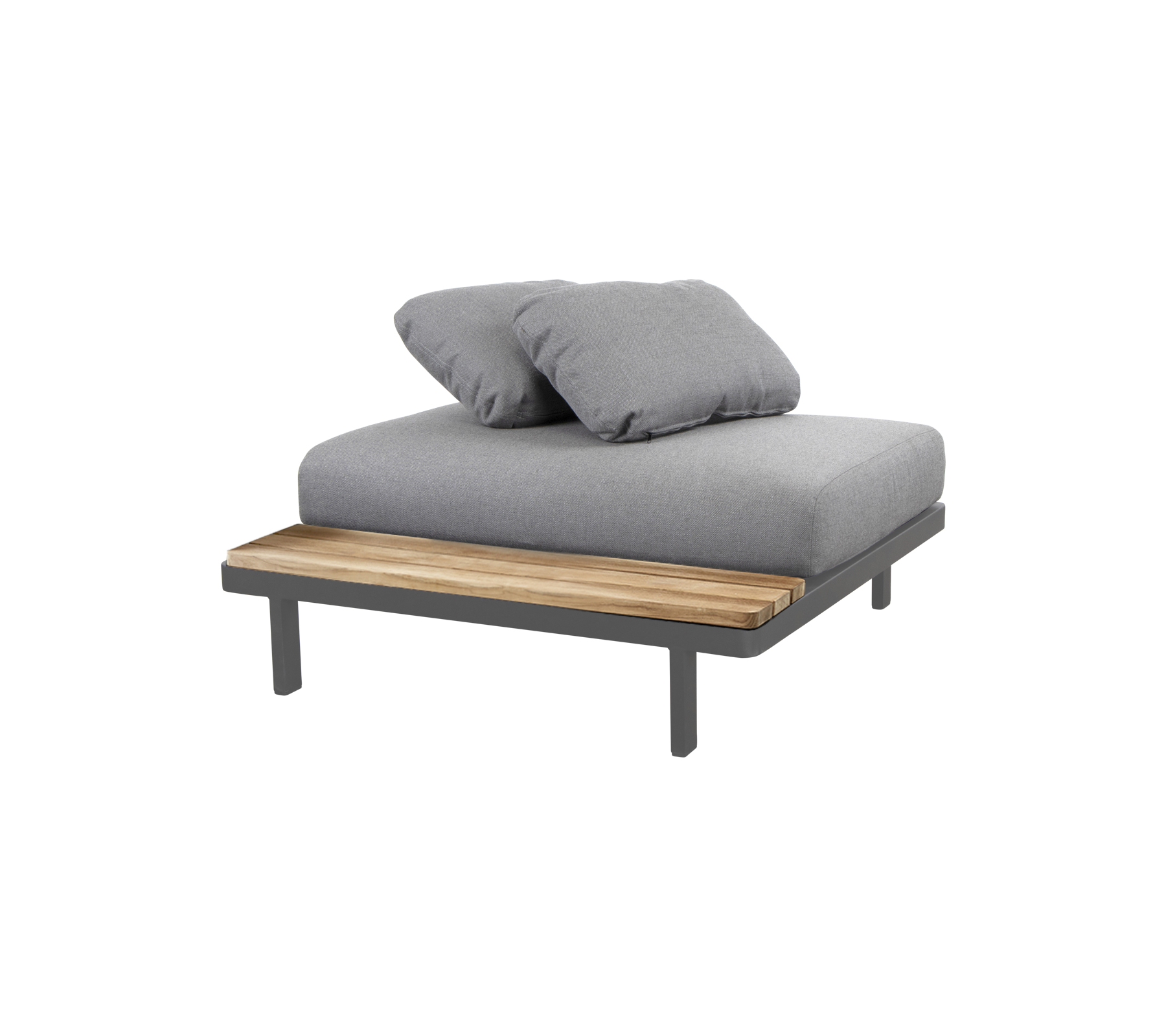 Stilig loungemøbler med en polstret grå overflate og treaksent, perfekt for avslapning og komfort.