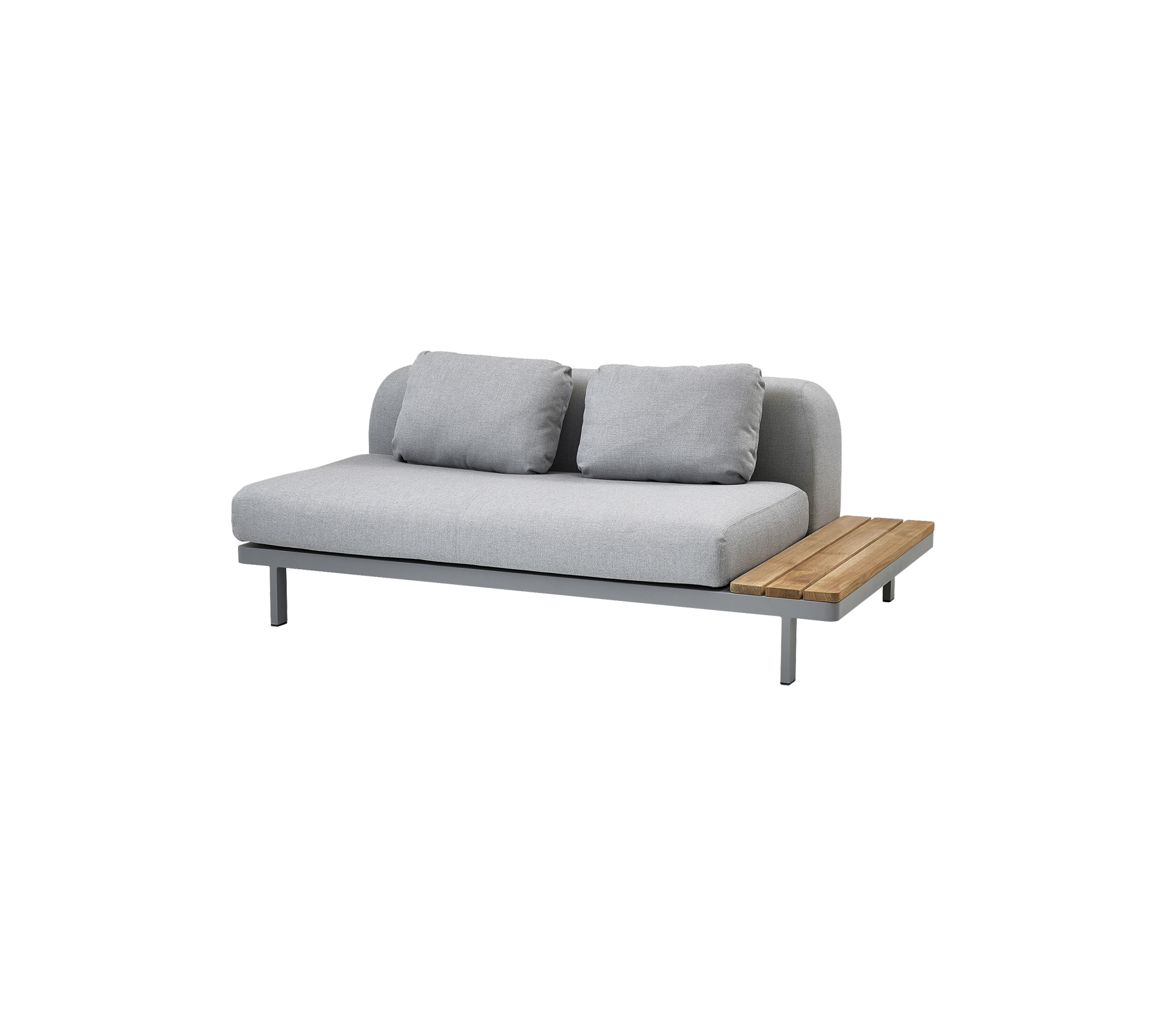 Moderne sofa med et elegant design, med myk grå polstring og et trebord for ekstra funksjonalitet.