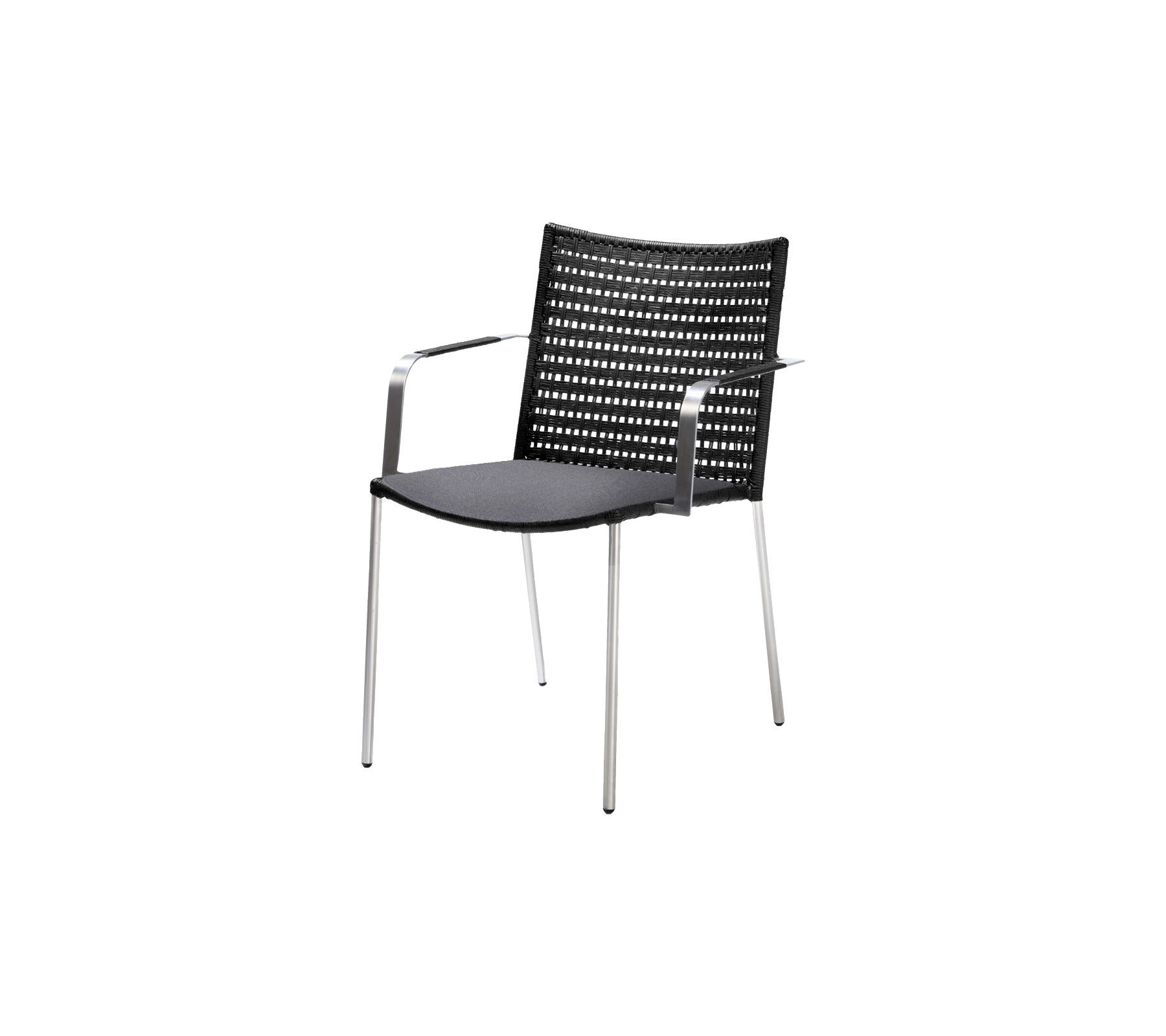 Stilig svart stol med vevd rygg og sete, med slanke metallben for et moderne utseende.