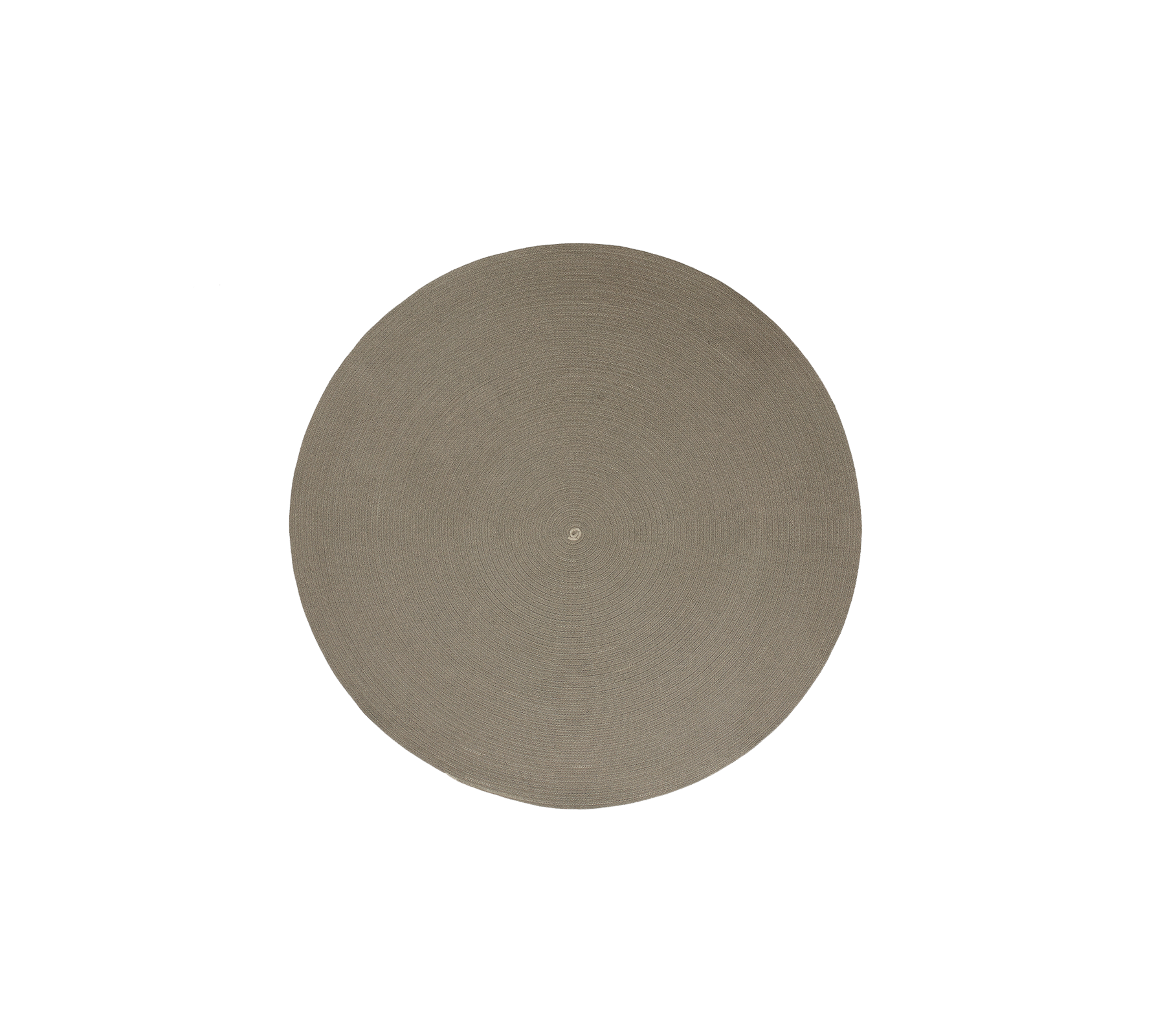 Taupe Circle utendørsteppet med et enkelt og elegant flatt vevdesign med et virvelmønster, laget av Cane-line Soft Rope.