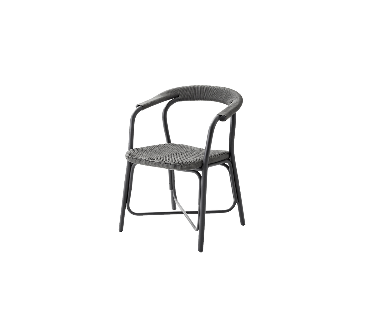 Stilig stol med buet ryggstøtte og armlener, med et vevd sete-design og solid ramme, perfekt for moderne sittebehov.