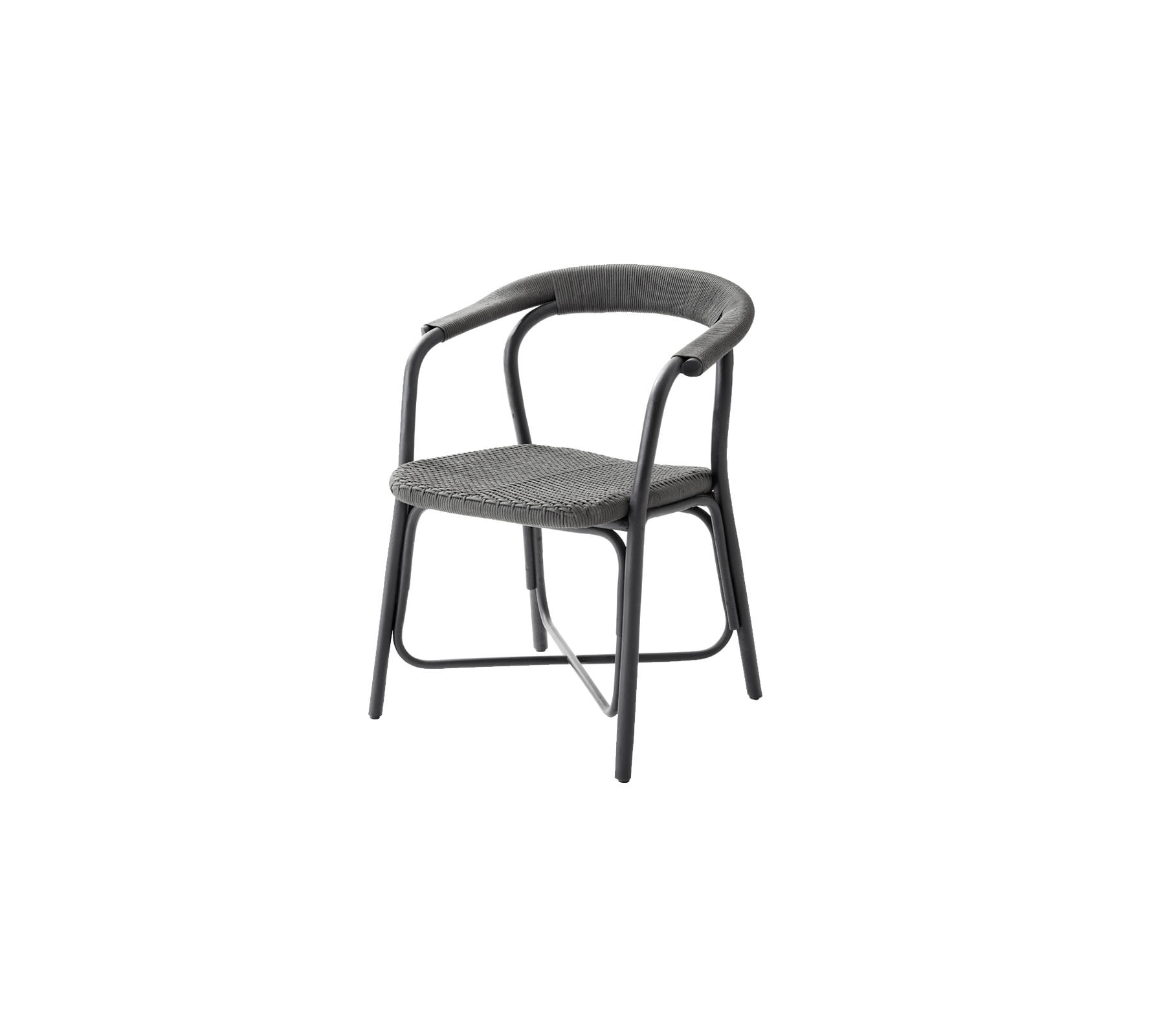 Stilig stol med buet ryggstøtte og armlener, med et vevd sete-design og solid ramme, perfekt for moderne sittebehov.