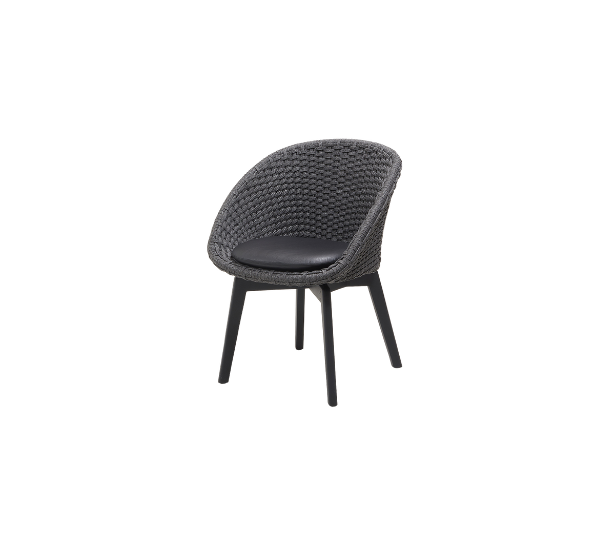 Stilig stol med rund vevd sete og svart polstret overflate, støttet av slanke ben for moderne sitting.