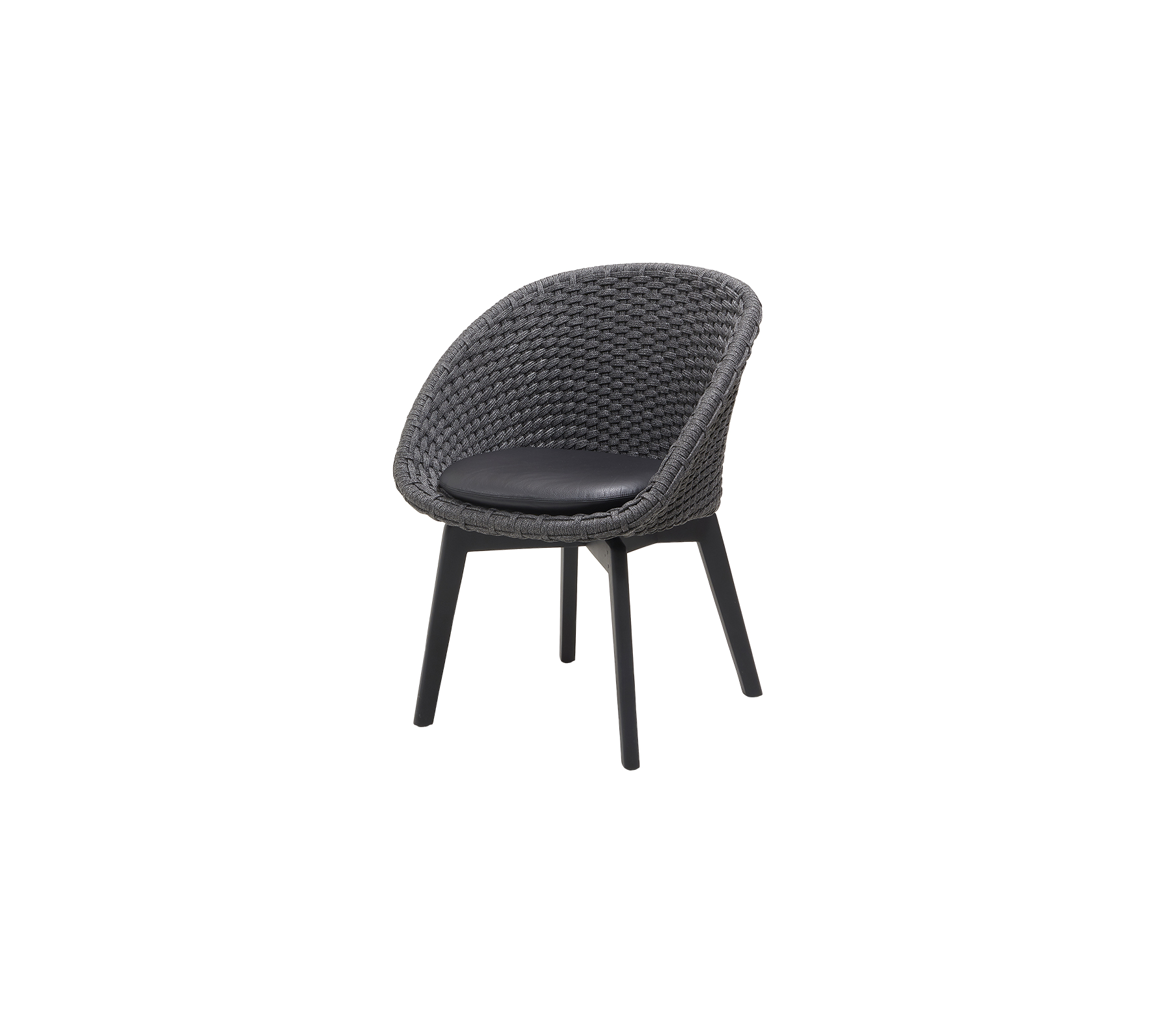 Stilig stol med rund vevd sete og svart polstret overflate, støttet av slanke ben for moderne sitting.