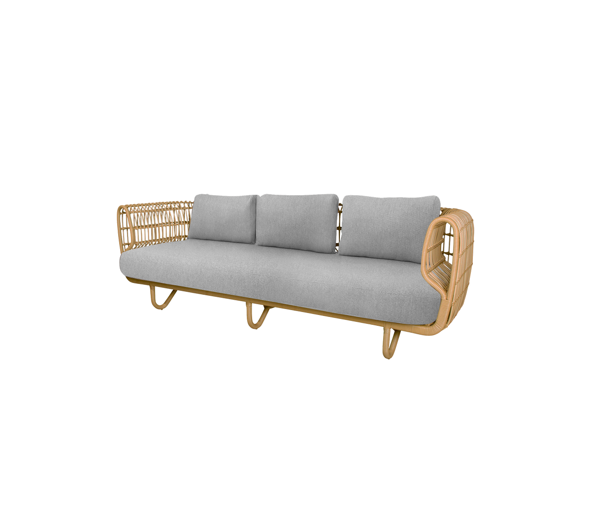 Stilig sofa med en ramme av naturlig tre og myke grå puter, perfekt for å tilføre komfort og eleganse til ethvert rom.