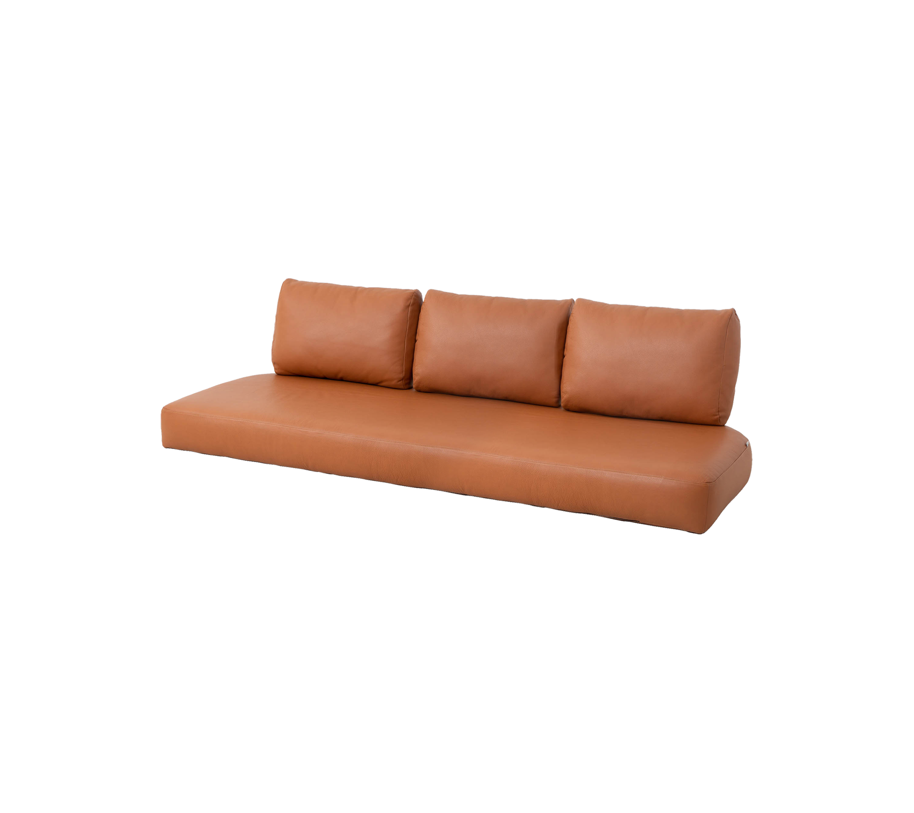 Moderne tan-sofa med tre ryggputer, med et strømlinjet design og minimalistisk stil, perfekt for ethvert moderne rom.