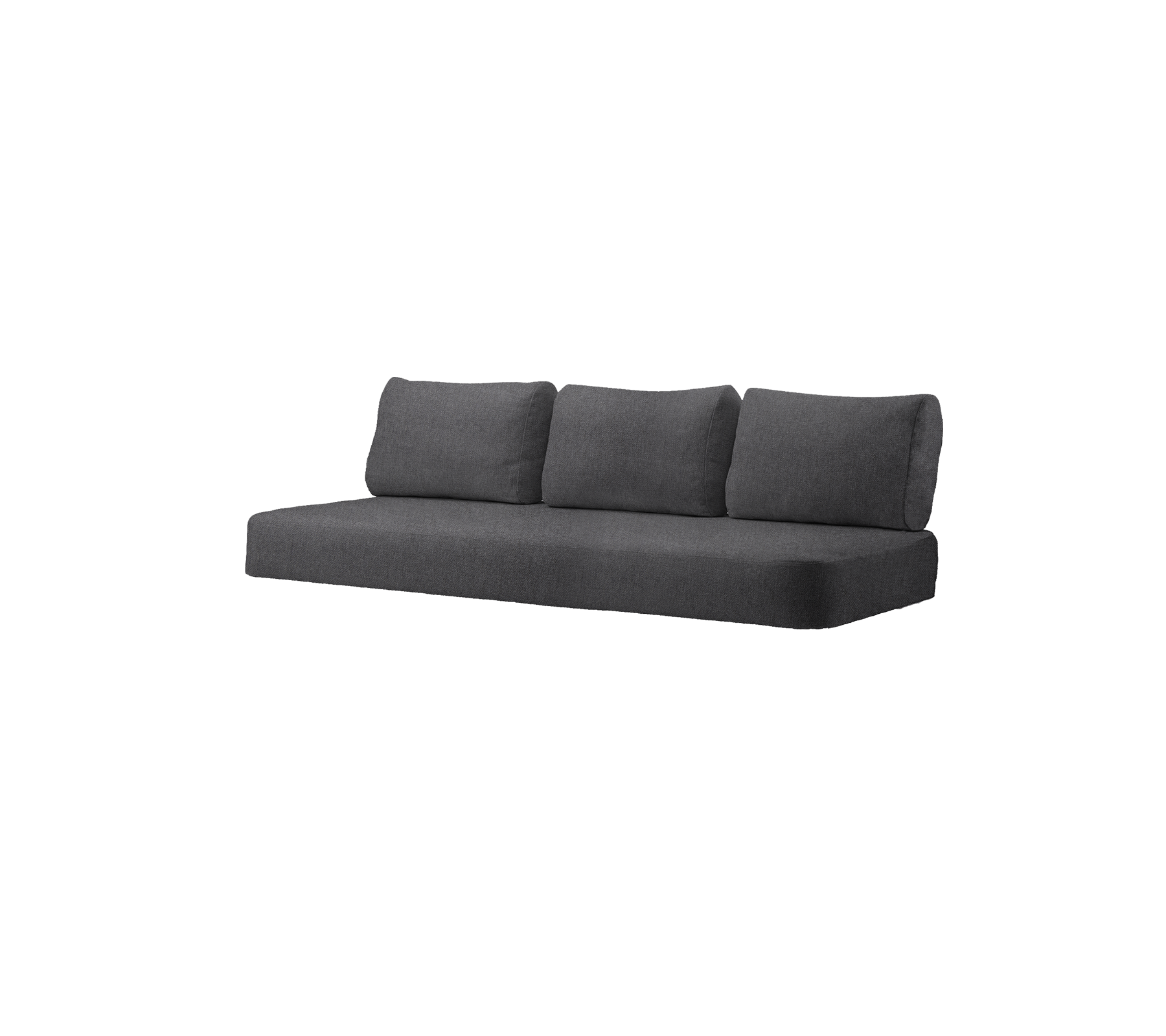 Moderne mørkegrå sofa med tre puter, designet for moderne stuer. Komfort og stil kombinert.