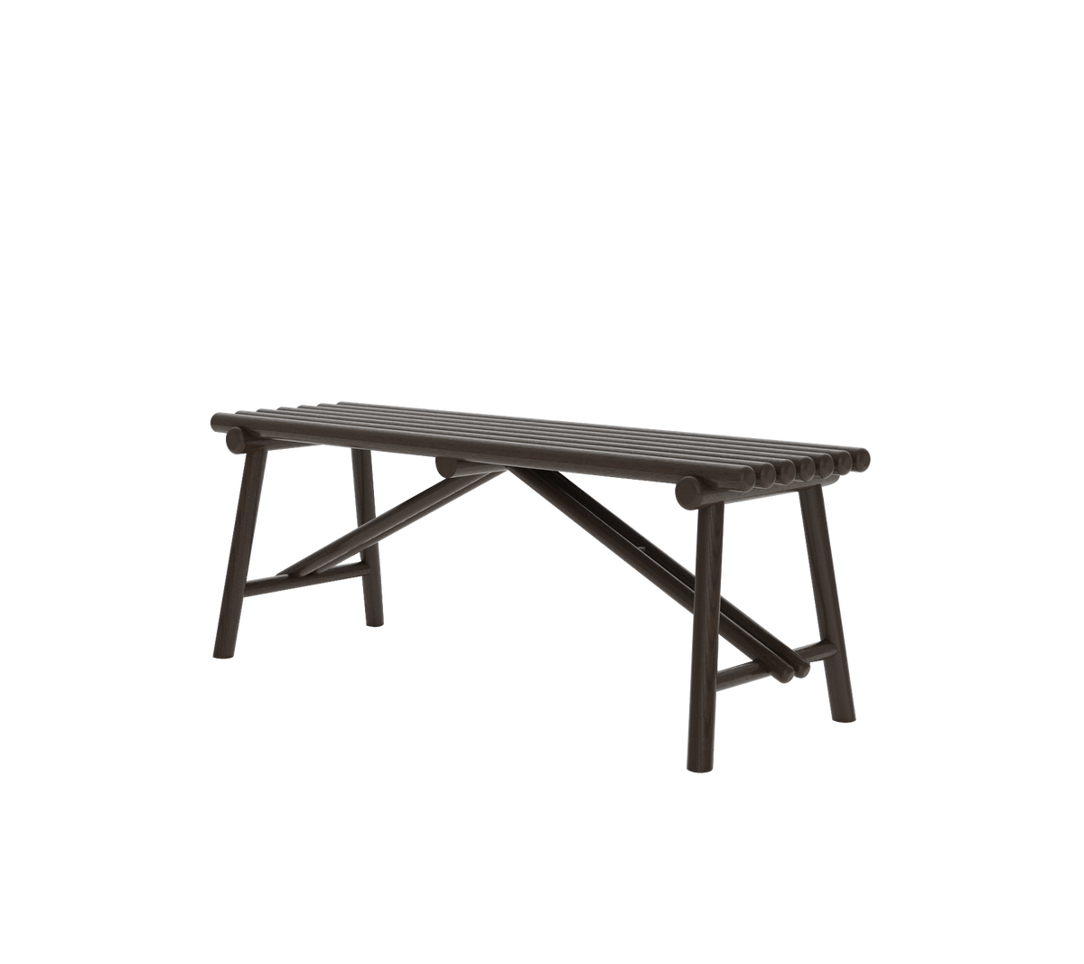 En enkel, mørkebrun trebenk med et solidt design, som har en lamellert topp og skrå ben.