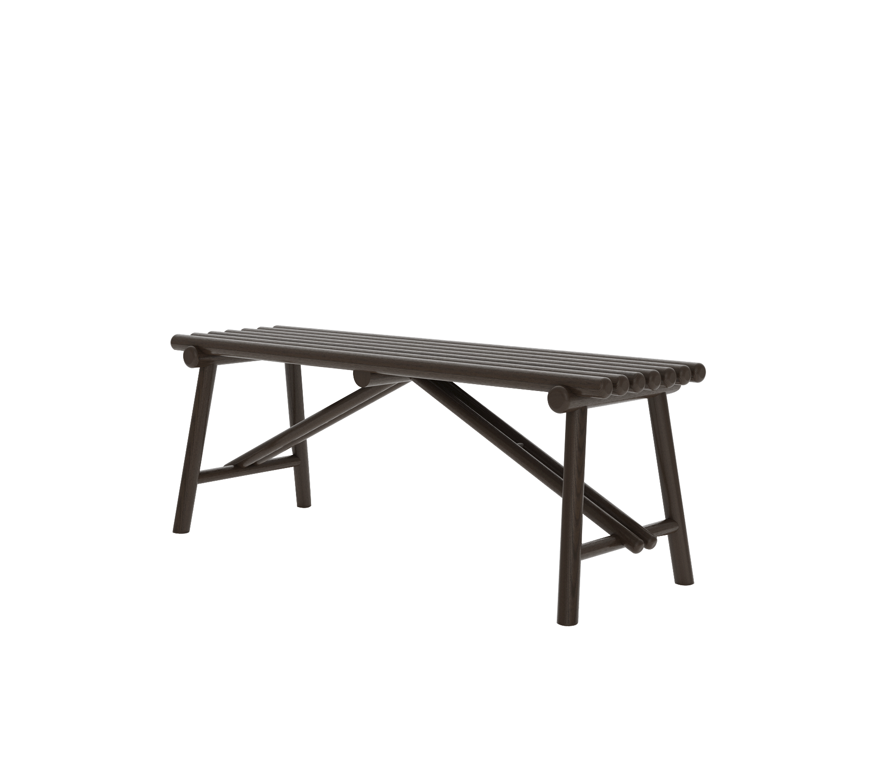 En enkel, mørkebrun trebenk med et solidt design, som har en lamellert topp og skrå ben.