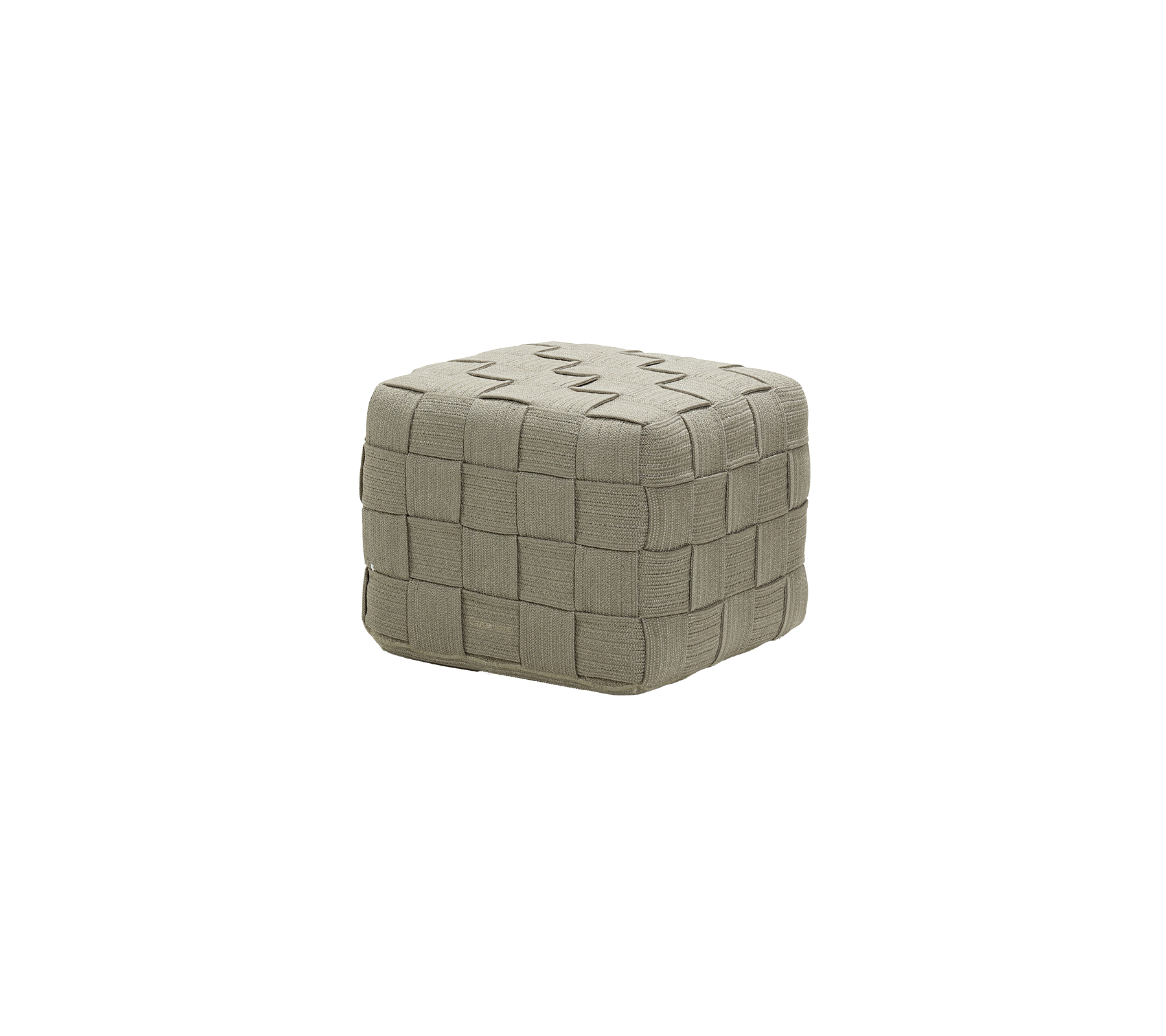 En kvadratisk, teksturert puff med et vevd mønster i en nøytral farge, egnet for ulike interiørstiler.