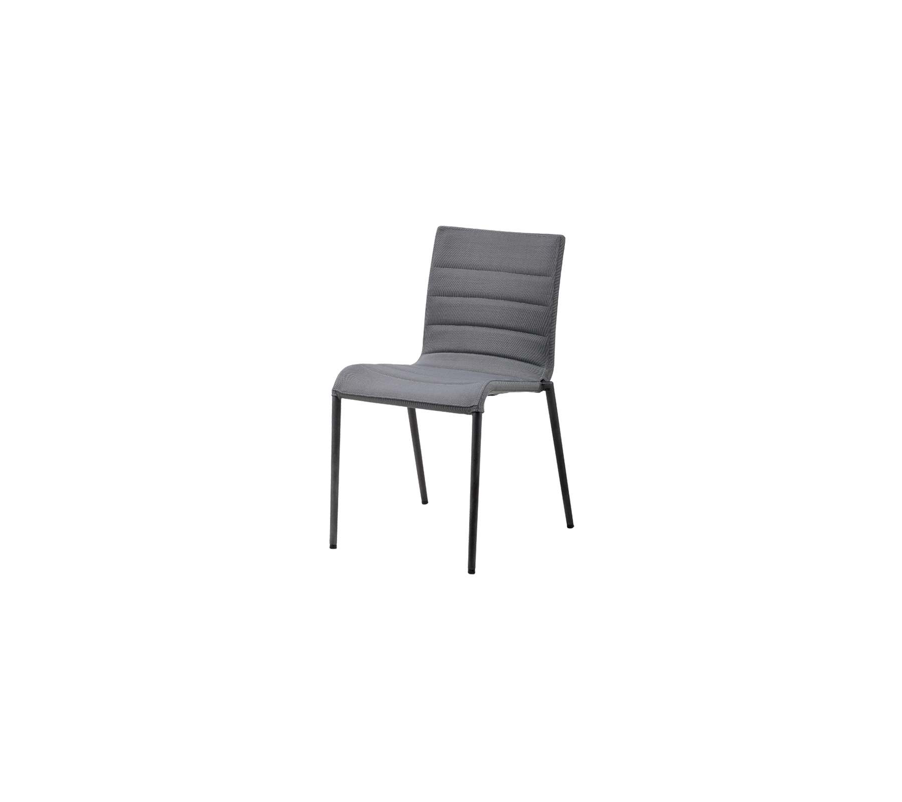 Moderne grå stol med et minimalistisk design, med polstret sete og ryggstøtte for komfort.