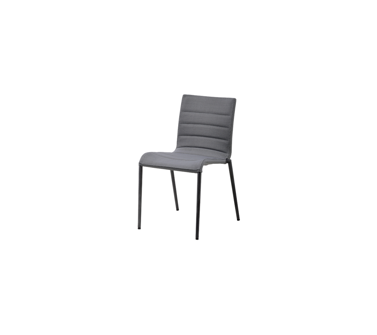 Moderne grå stol med et minimalistisk design, med polstret sete og ryggstøtte for komfort.