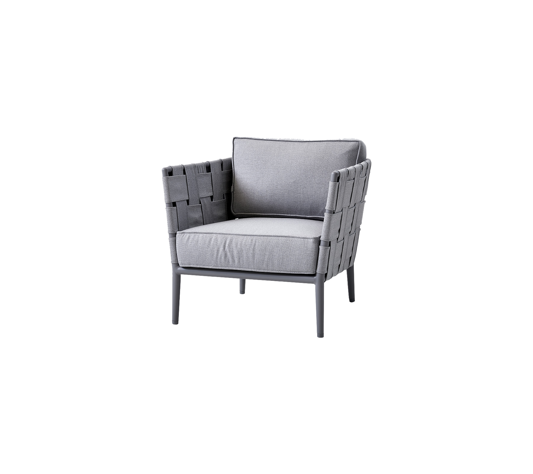 Stilig grå lenestol med vevde detaljer og myke puter, designet for komfort og moderne estetikk. Perfekt for enhver setting.