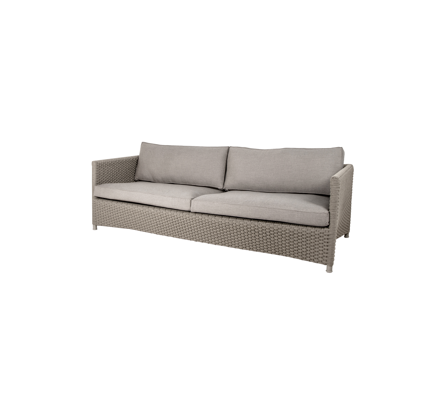 Stilig, moderne sofa med en lys grå pute og vevd tekstur, som tilbyr komfortable sitteplasser for flere personer.