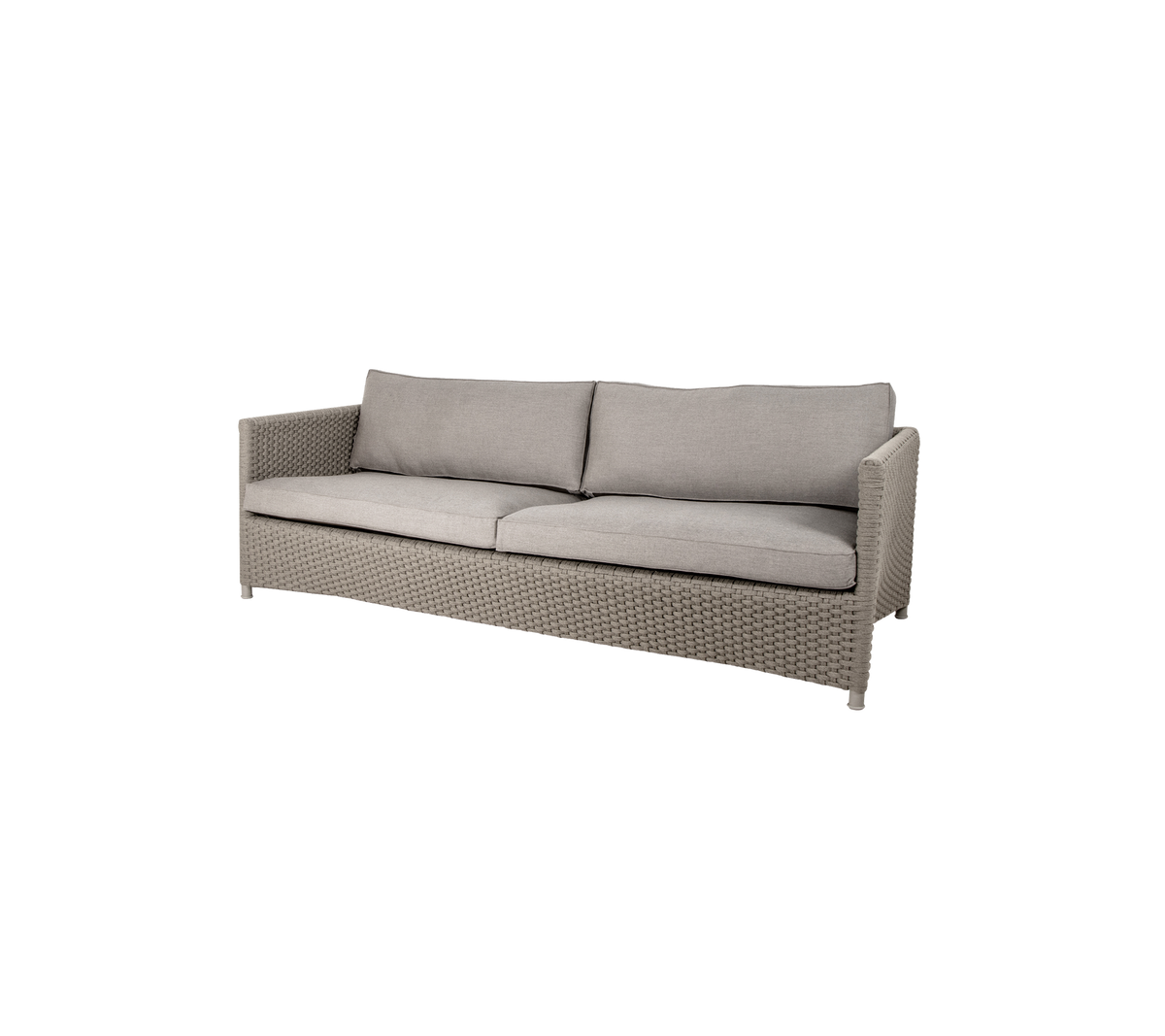 Stilig, moderne sofa med en lys grå pute og vevd tekstur, som tilbyr komfortable sitteplasser for flere personer.