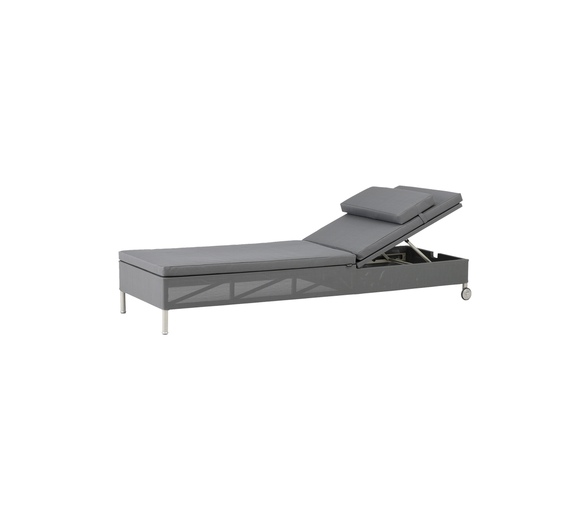 Justerbar grå chaise med en tilbakelent ryggstøtte og innebygd oppbevaring, med slank design og metallben.
