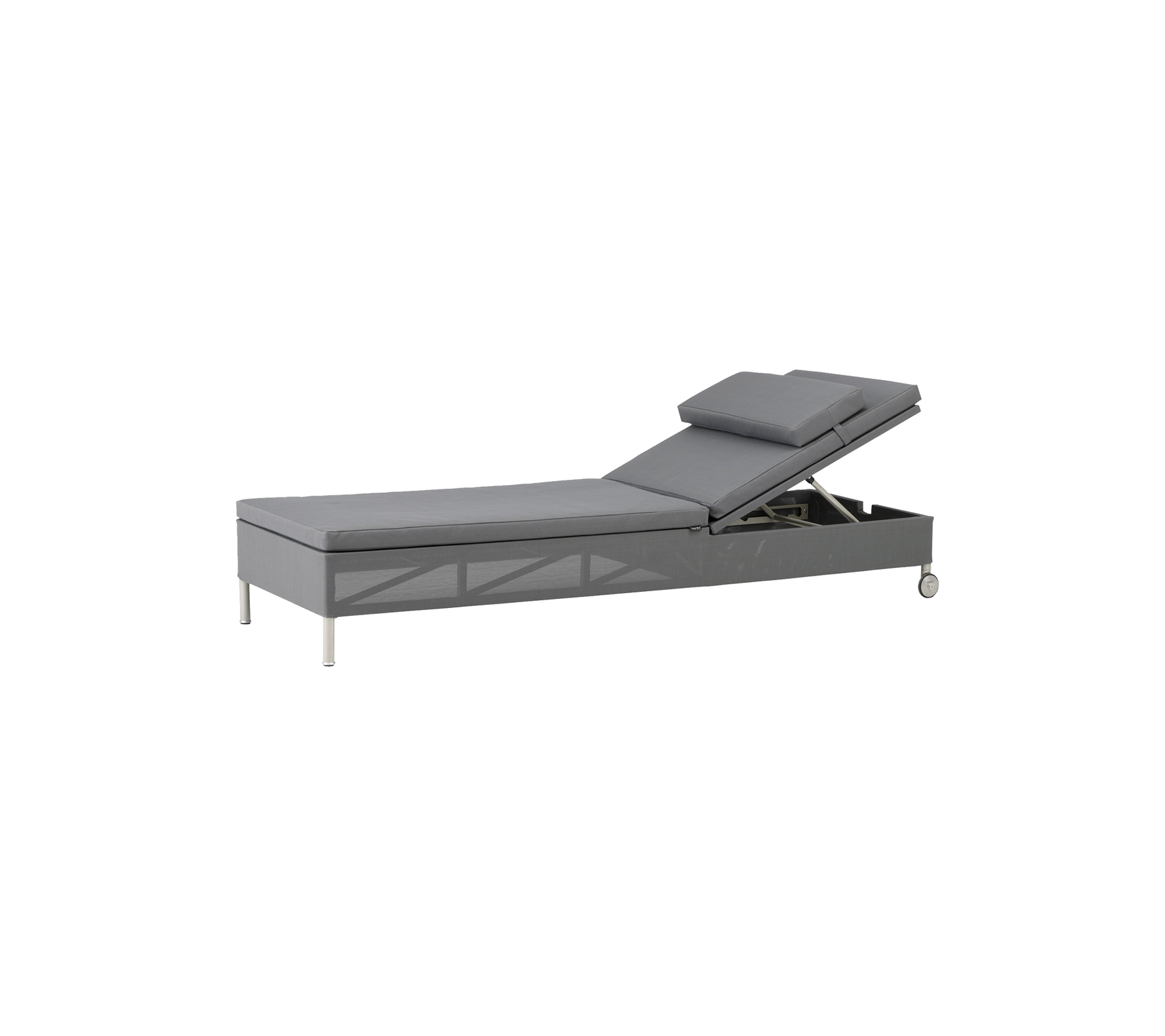 Justerbar grå chaise med en tilbakelent ryggstøtte og innebygd oppbevaring, med slank design og metallben.