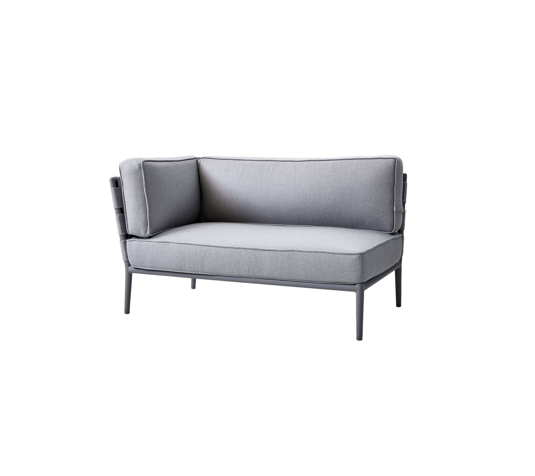 Grå to-seters sofa med myke puter og en slank metallramme, designet for komfort og moderne estetikk.