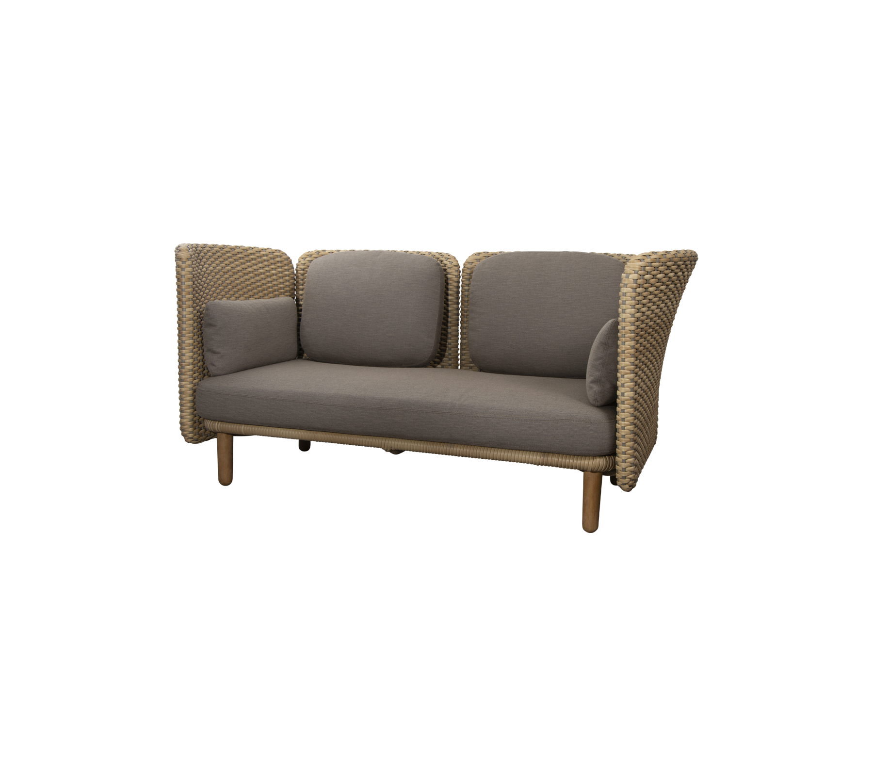 Behagelig sofa med et vevd design, med myke grå puter og støttende sidepaneler. Ideell for moderne sitteområder.