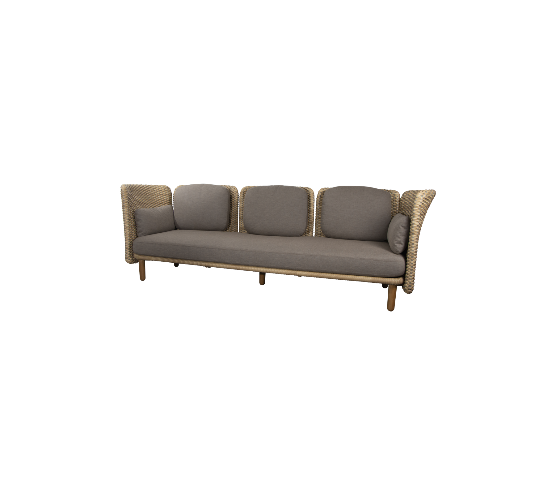 En stilfull, fireseters sofa med et vevd design og myke, nøytrale puter for komfort og eleganse.