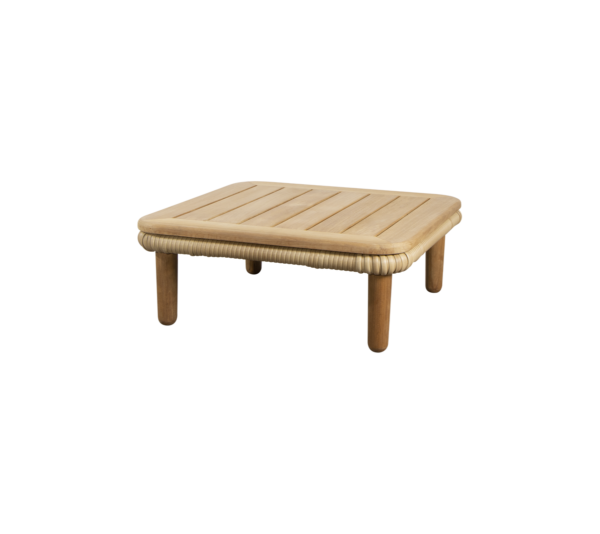 Et enkelt, firkantet bord med en ribbet topp og avrundede kanter, støttet av fire solide ben. Perfekt for ulike omgivelser.