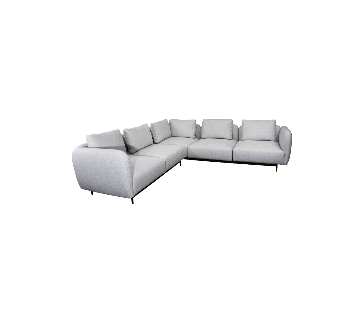 L-formet grå seksjon sofa med myke puter, som har rene linjer og minimalistisk design for moderne dekor.