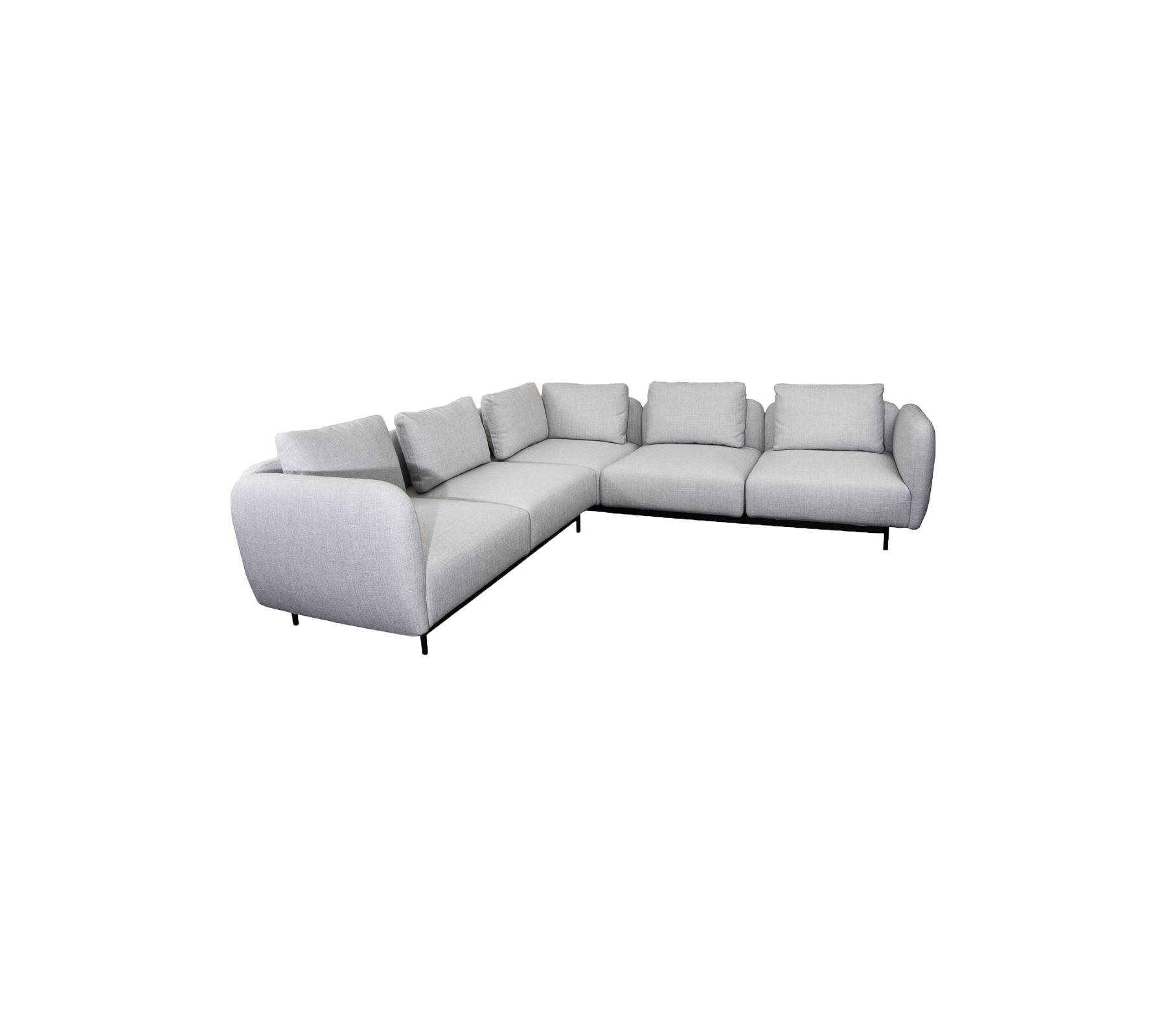 L-formet grå seksjon sofa med myke puter, som har rene linjer og minimalistisk design for moderne dekor.