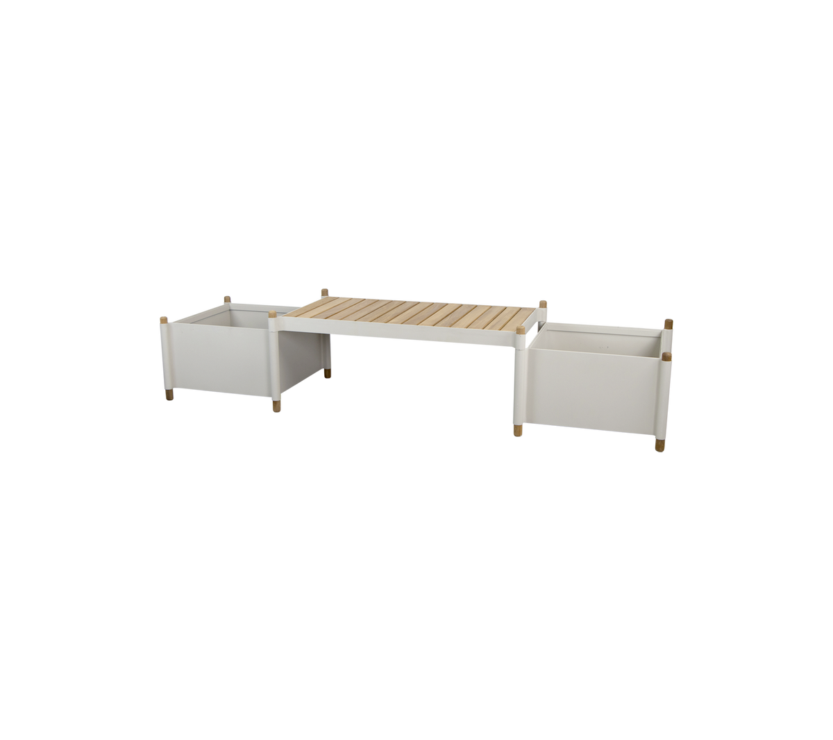 et moderne oppbevaringsbord med to hvite beholdere og en trelamellplate, designet for allsidig hjemmeorganisering.