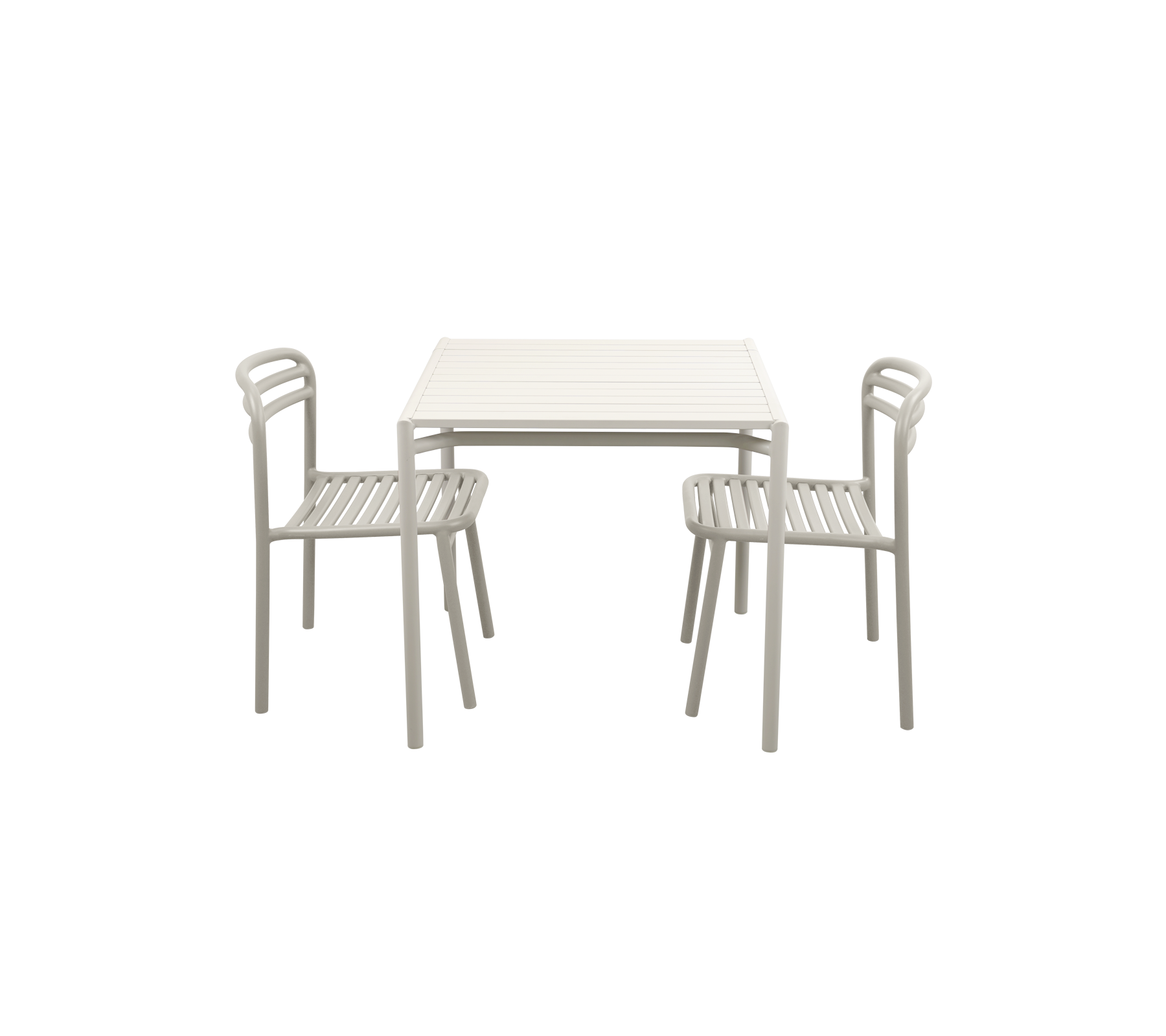 Minimalistisk bord med to matchende stoler, med enkel design og lyse farger.