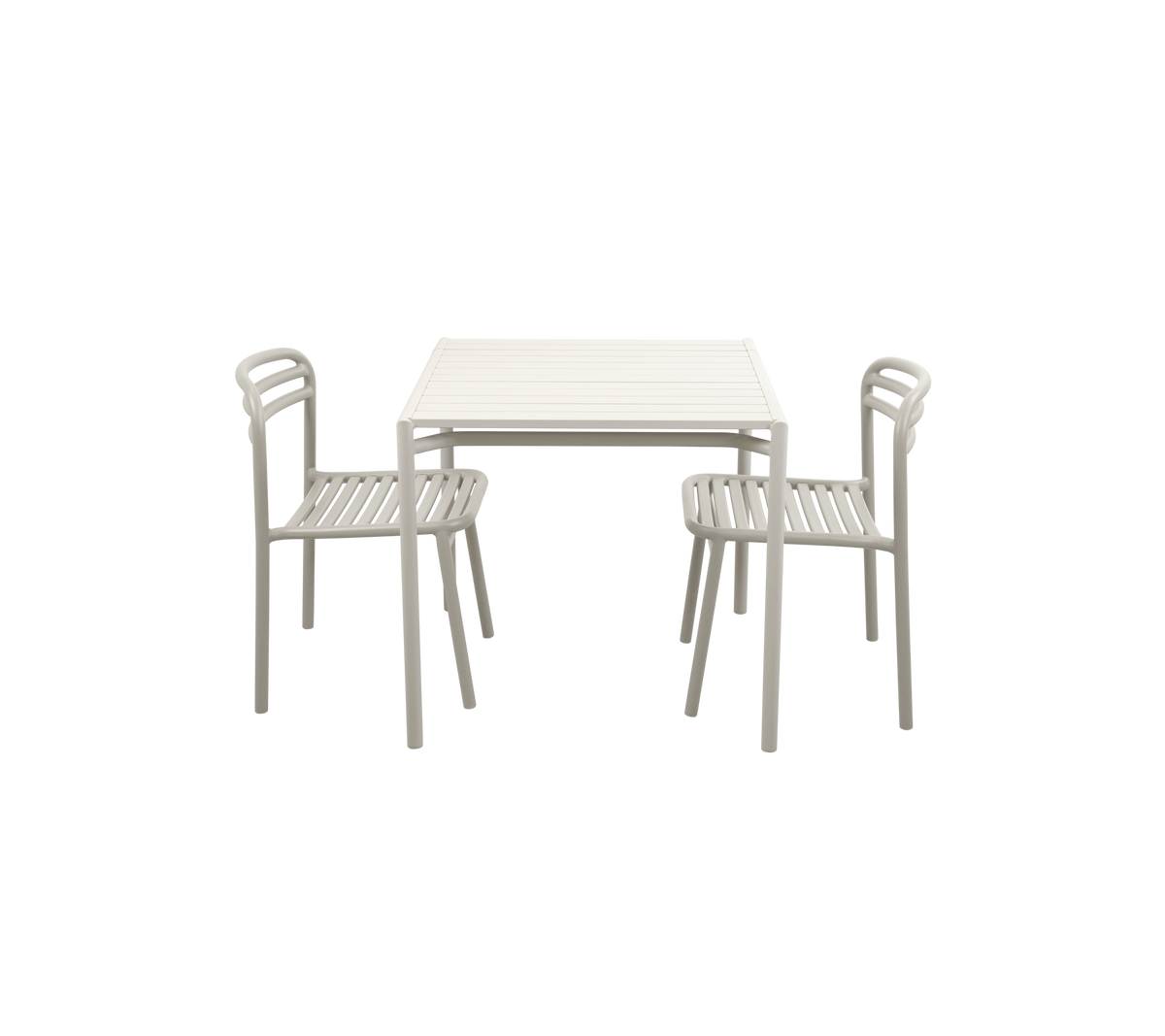 Minimalistisk bord med to matchende stoler, med enkel design og lyse farger.