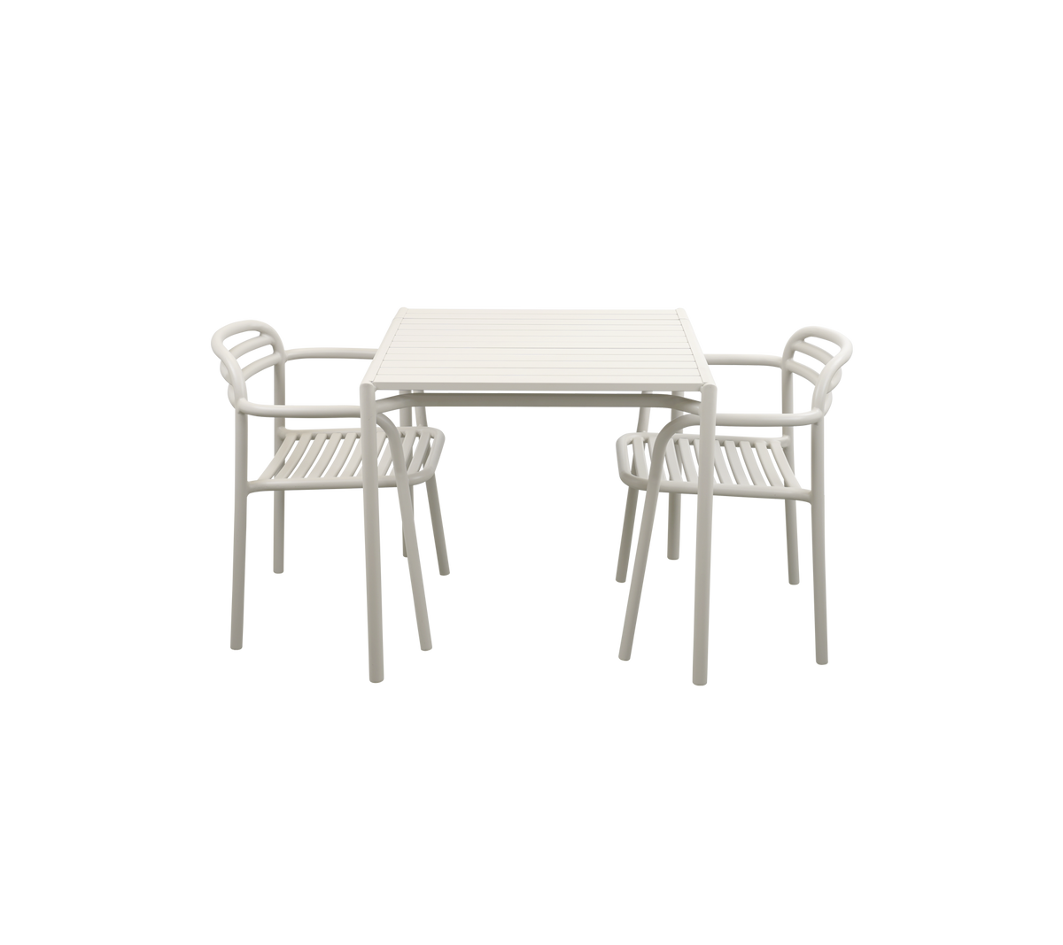 Et lyst bord med to matchende stoler, med et strømlinjeformet design som er egnet for uformell spising eller samlinger.