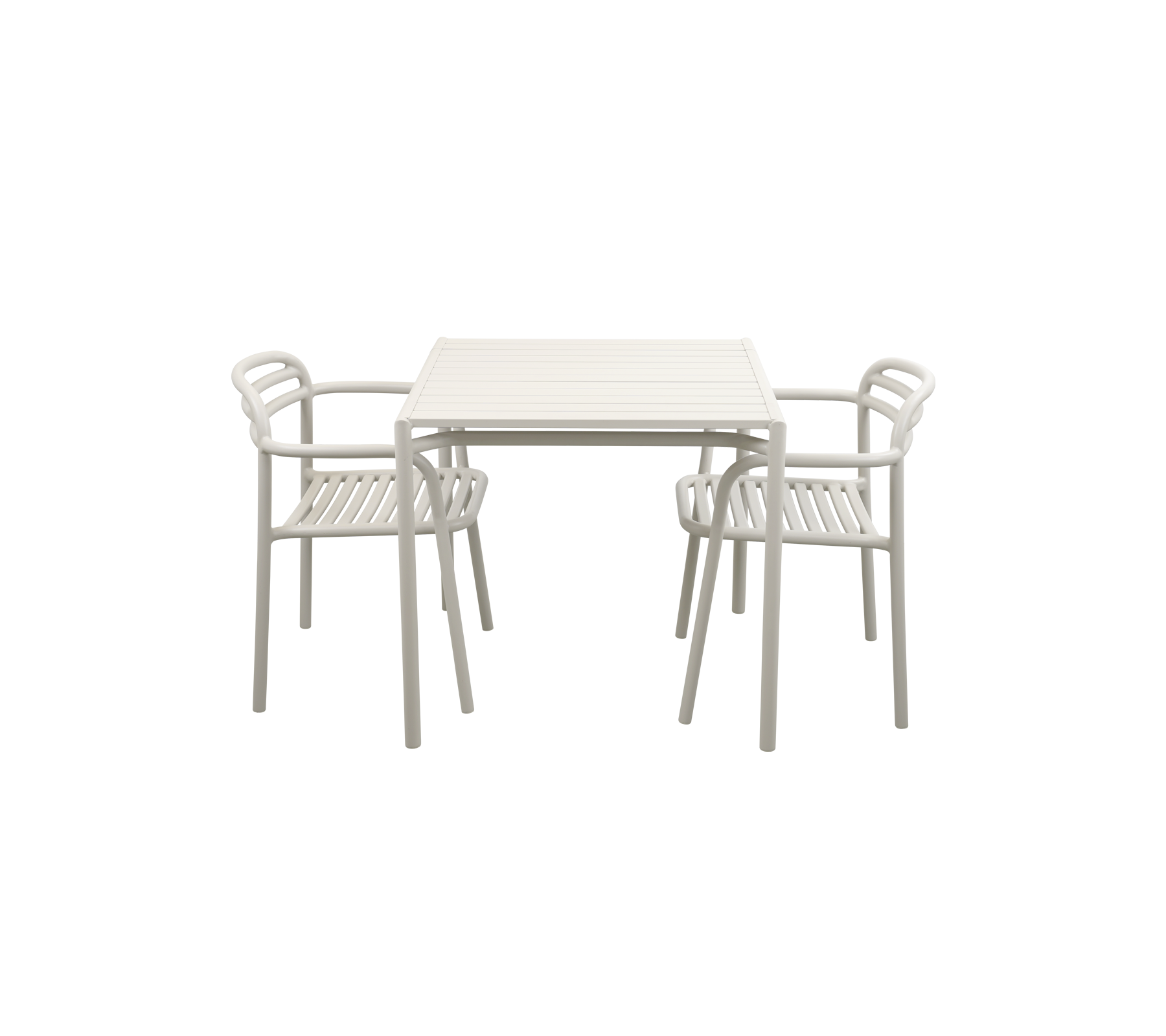 Et lyst bord med to matchende stoler, med et strømlinjeformet design som er egnet for uformell spising eller samlinger.