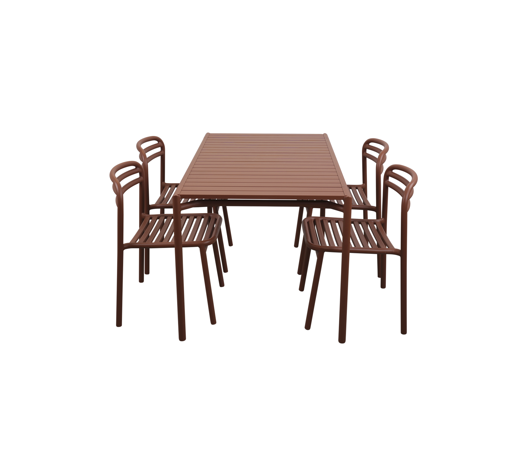Rektangulært bord med seks matchende stoler, alle med en slank brun design og spalteoverflater. Ideell for middag eller sammenkomster.