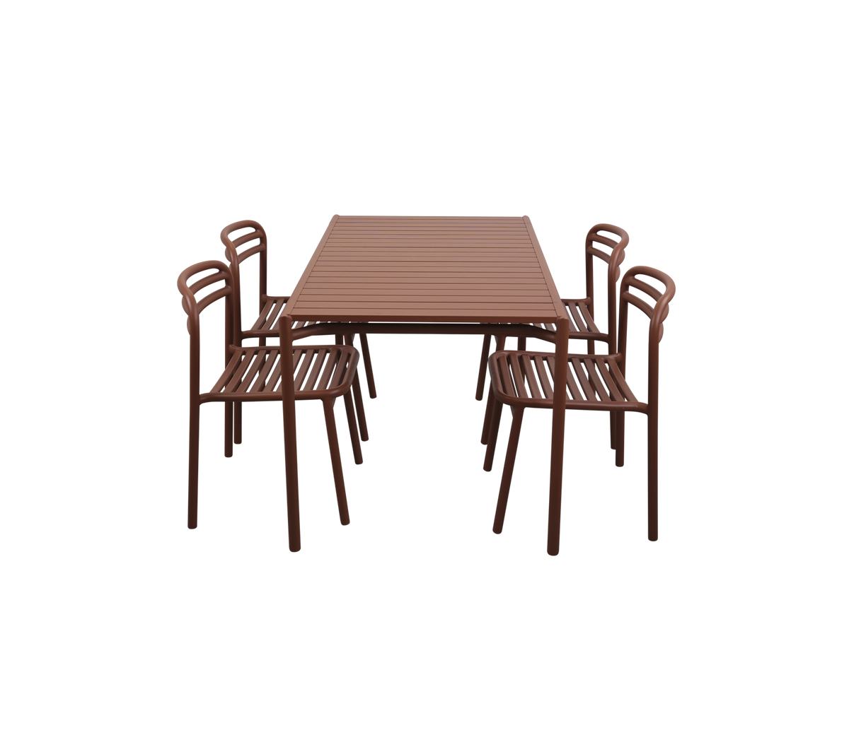 Rektangulært bord med seks matchende stoler, alle med en slank brun design og spalteoverflater. Ideell for middag eller sammenkomster.