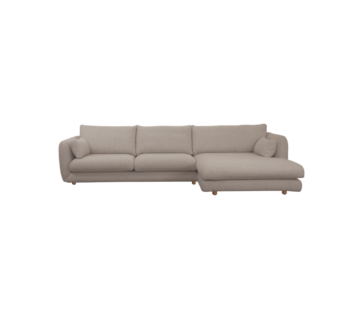 Lysebrunt seksjonalt sofa med puter i en moderne loungestil.