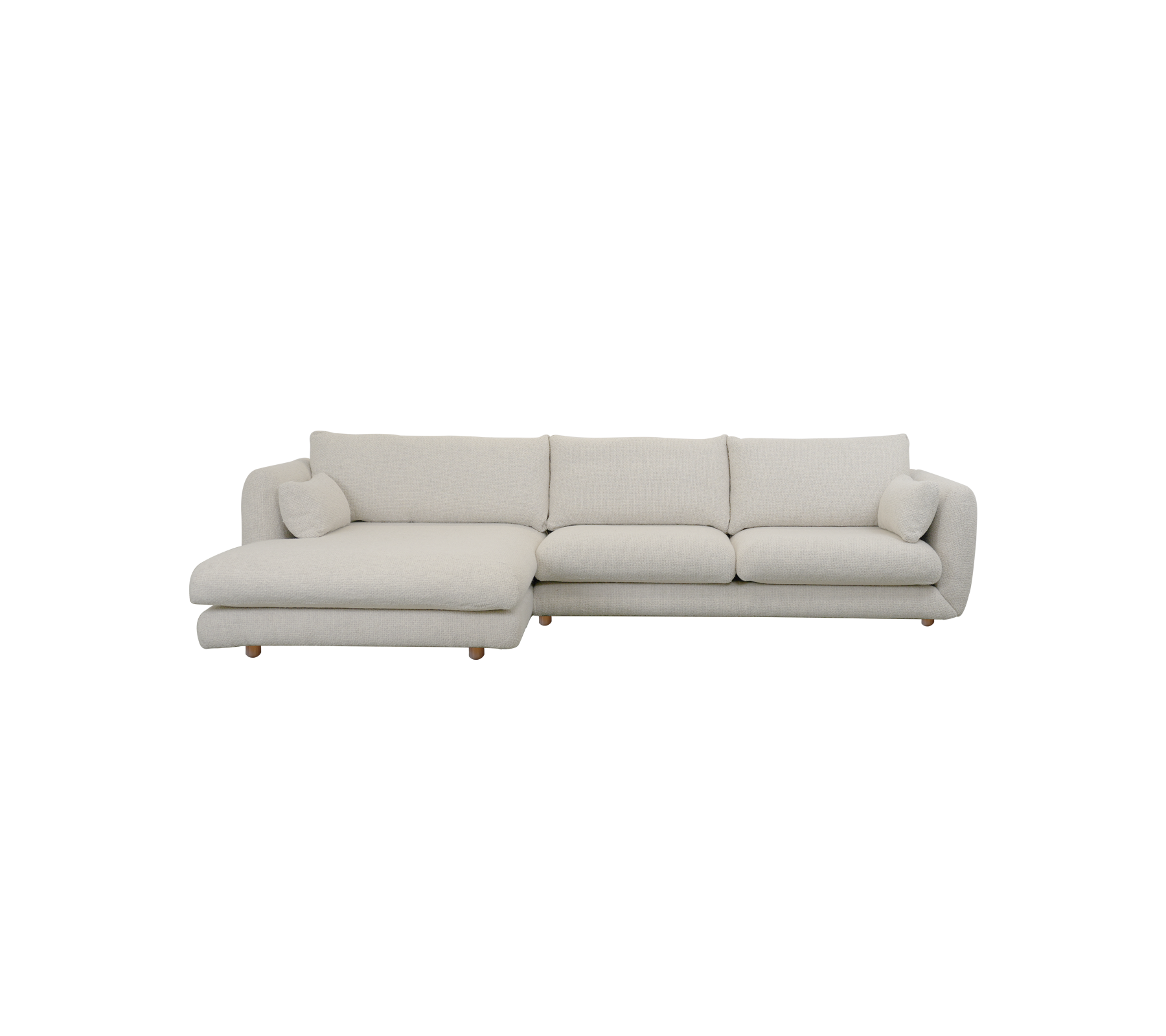 Moderne sandfarget sofa med chaiselongdesign.