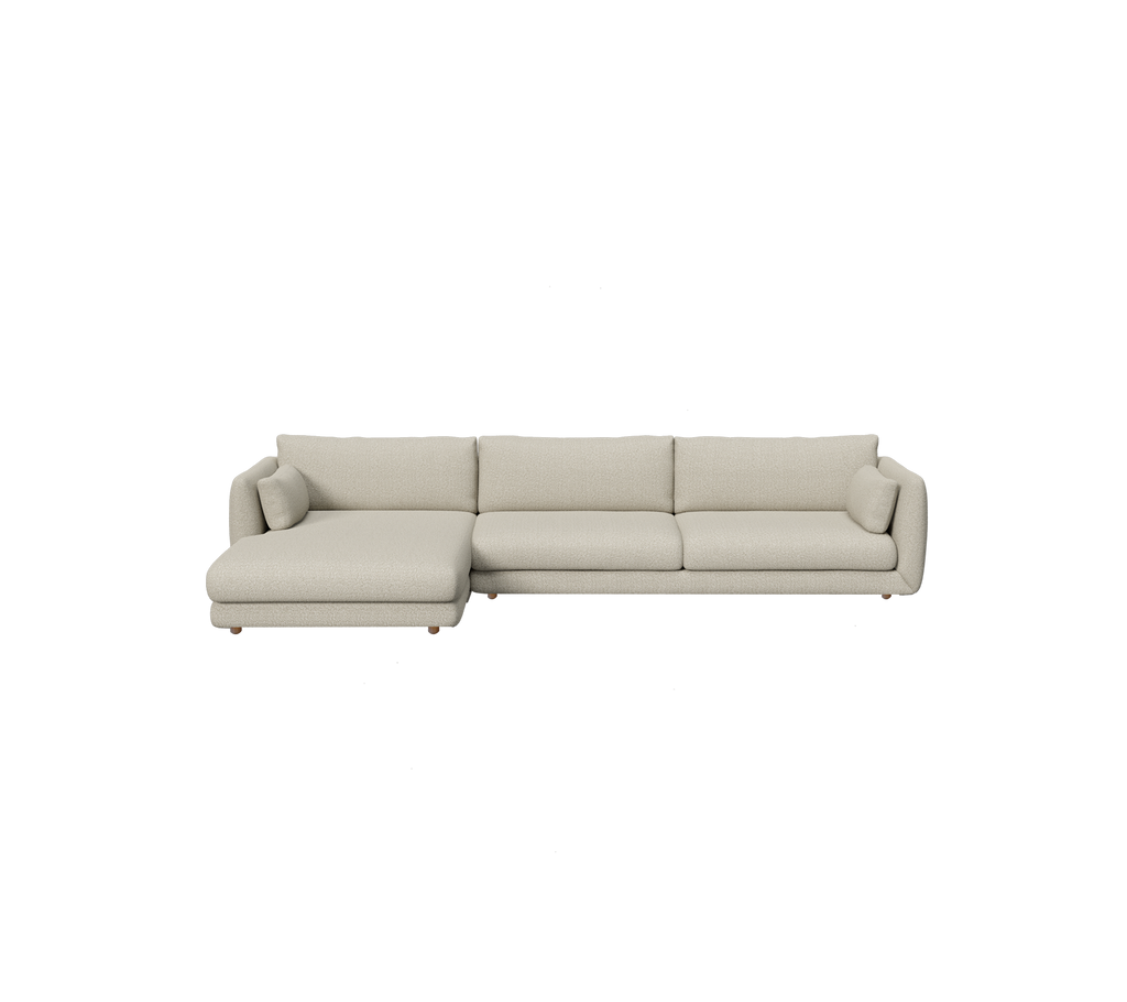 Lys brun moderne sofa med et strømlinjeformet design og seksjon.